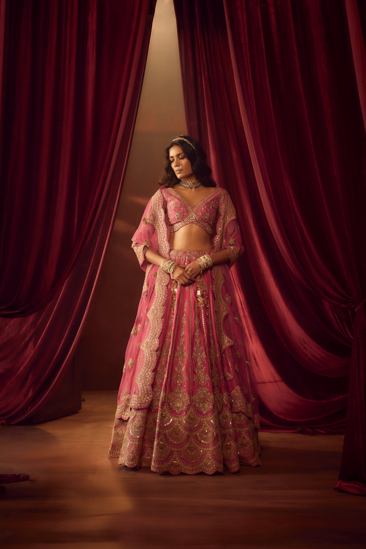 Rani Pink Raw Silk Hand & Machine Embroidered Lehenga Set