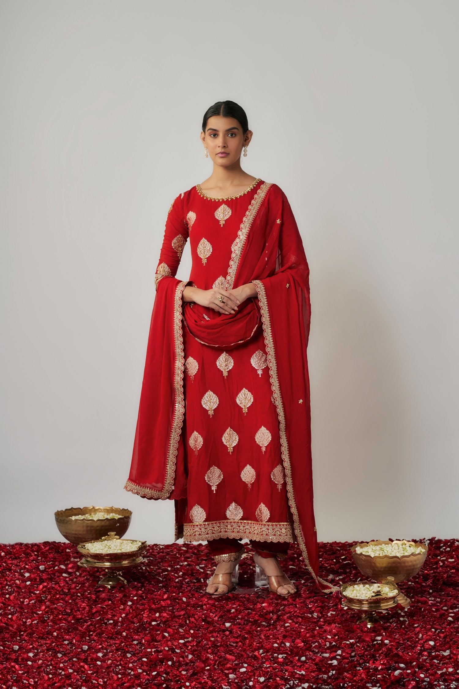 Sindhoori Red Georgette Benarasi Kurta Pants Set