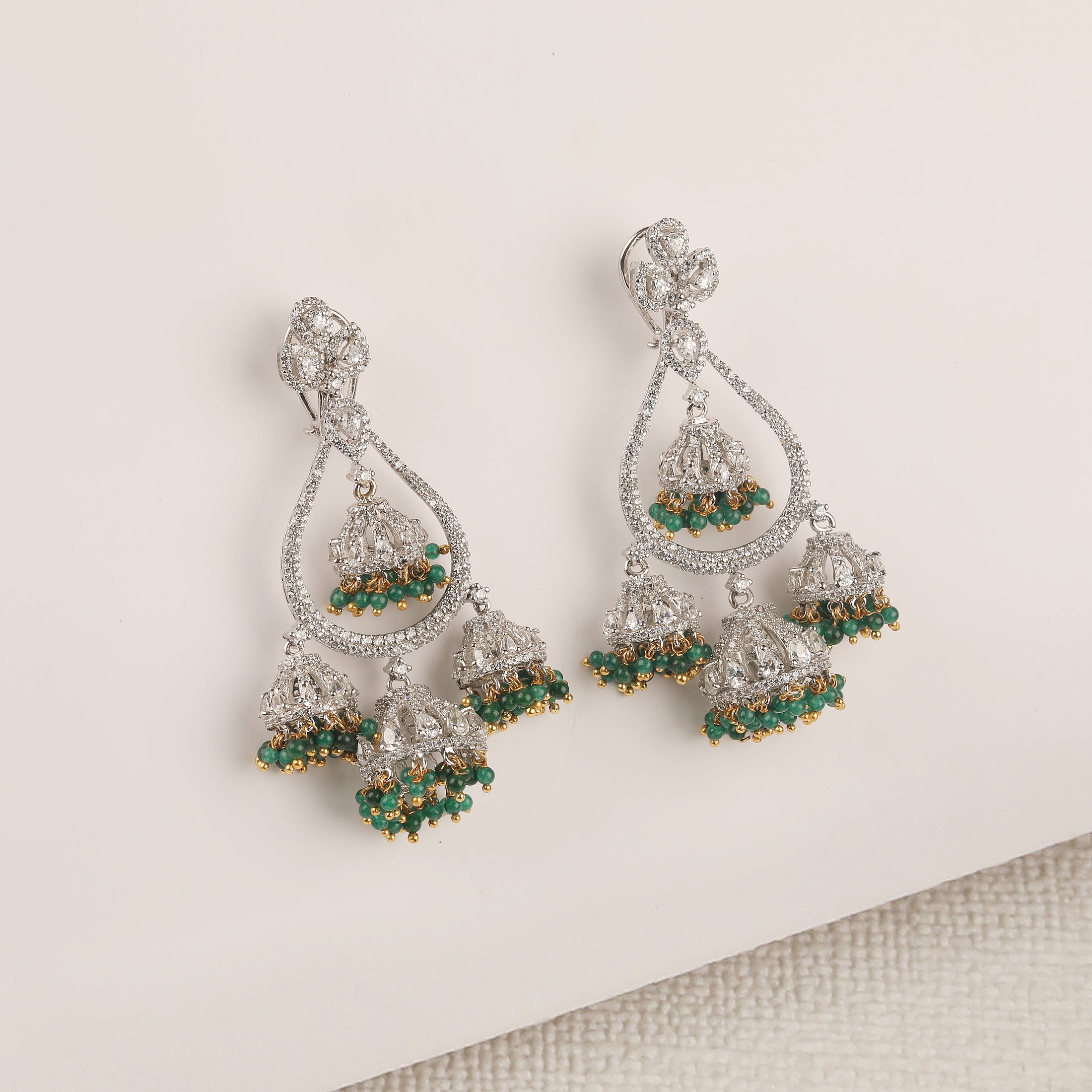 Four Jhumkis With Small Green Motis