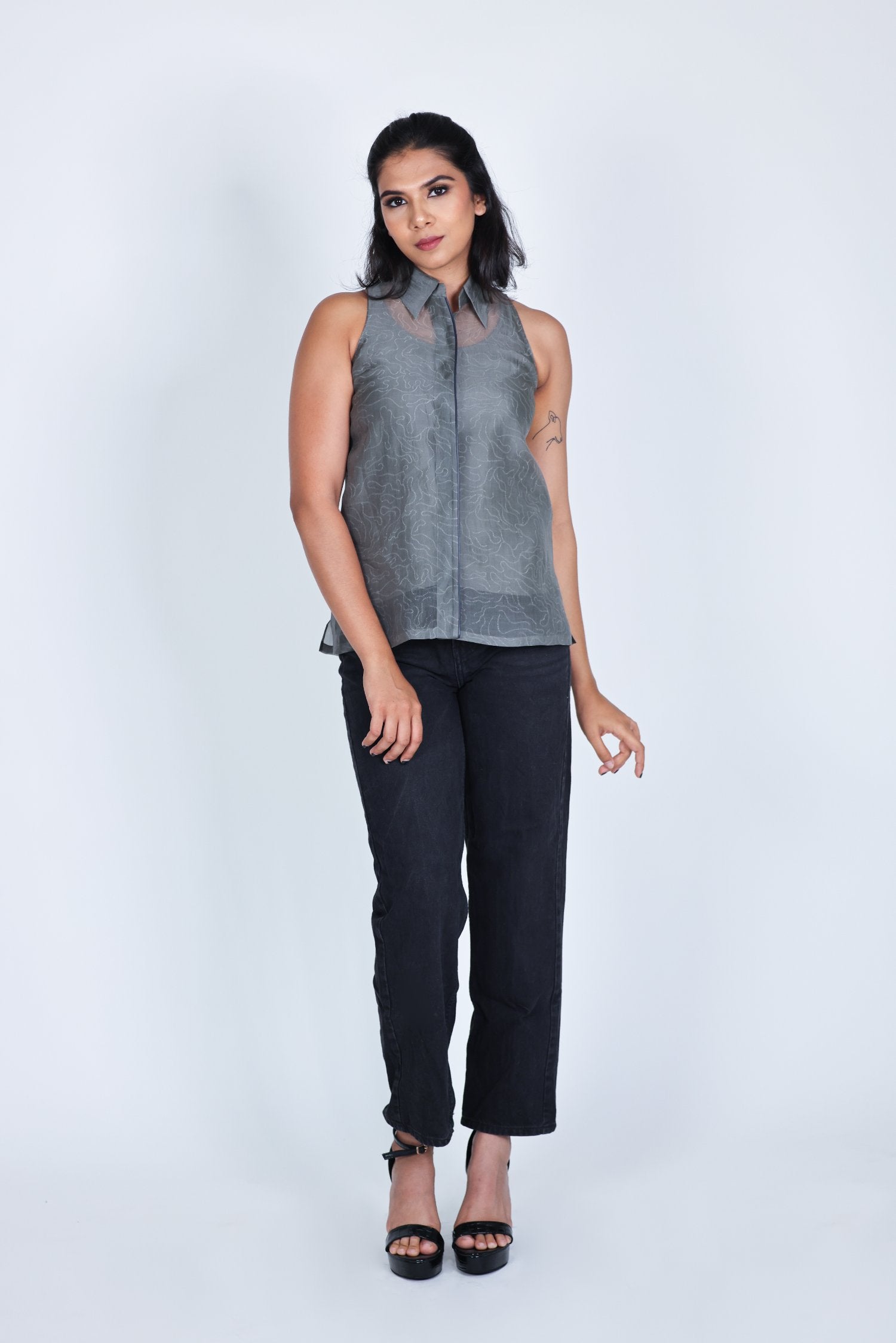 Organza Sleeveless Shibori Blouse Grey