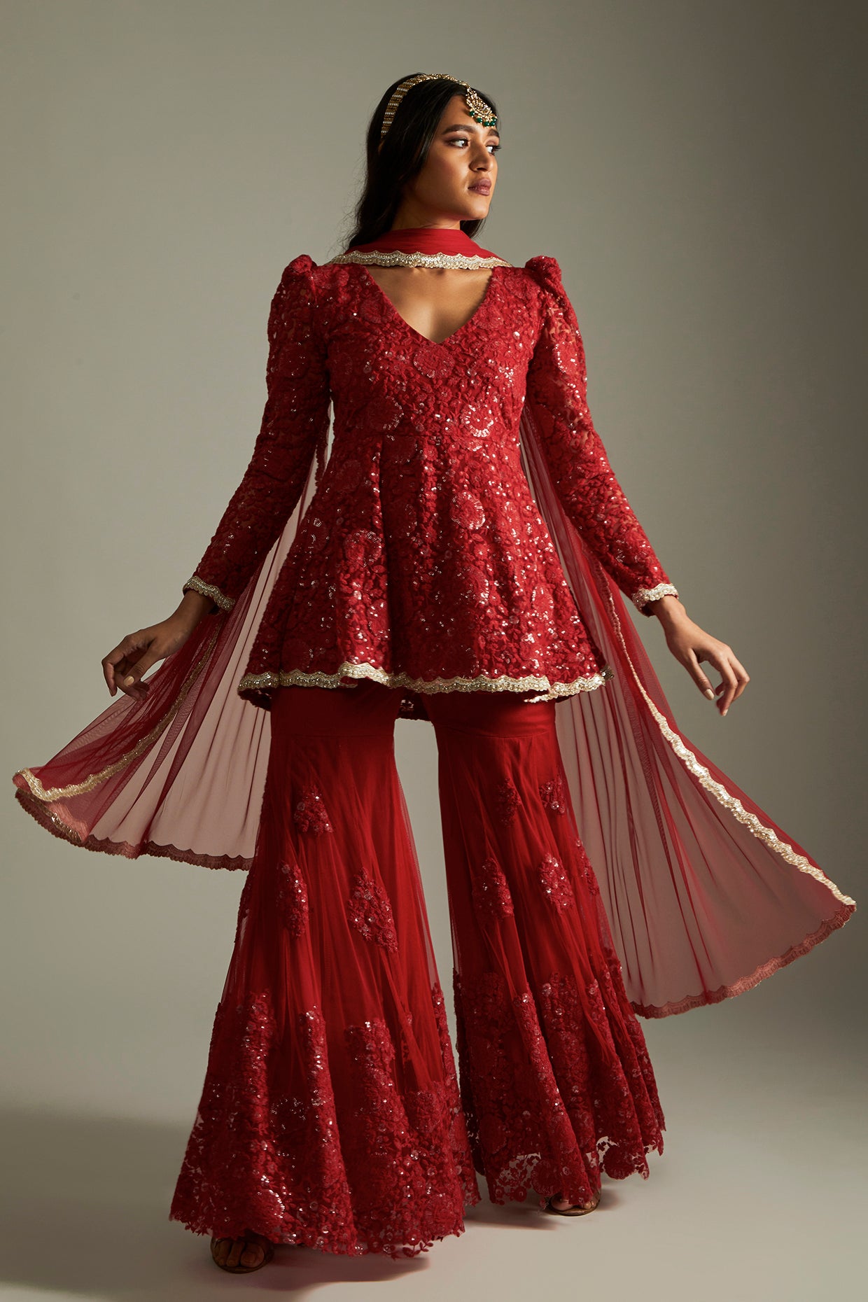 Ruby Red Floral Kurta Gharara Set