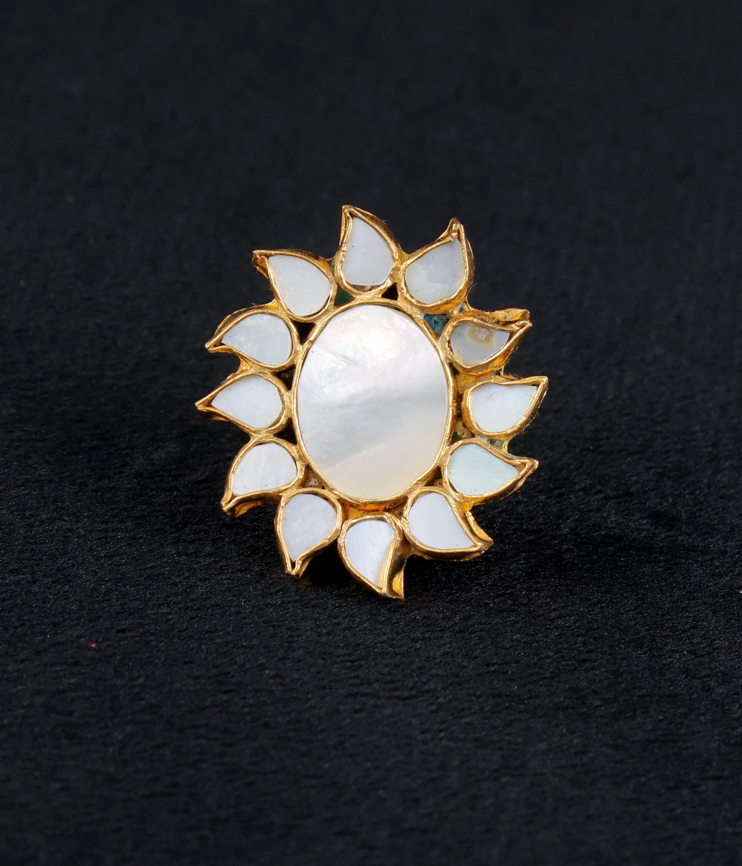 Gold finish kundan mother of pearls ring