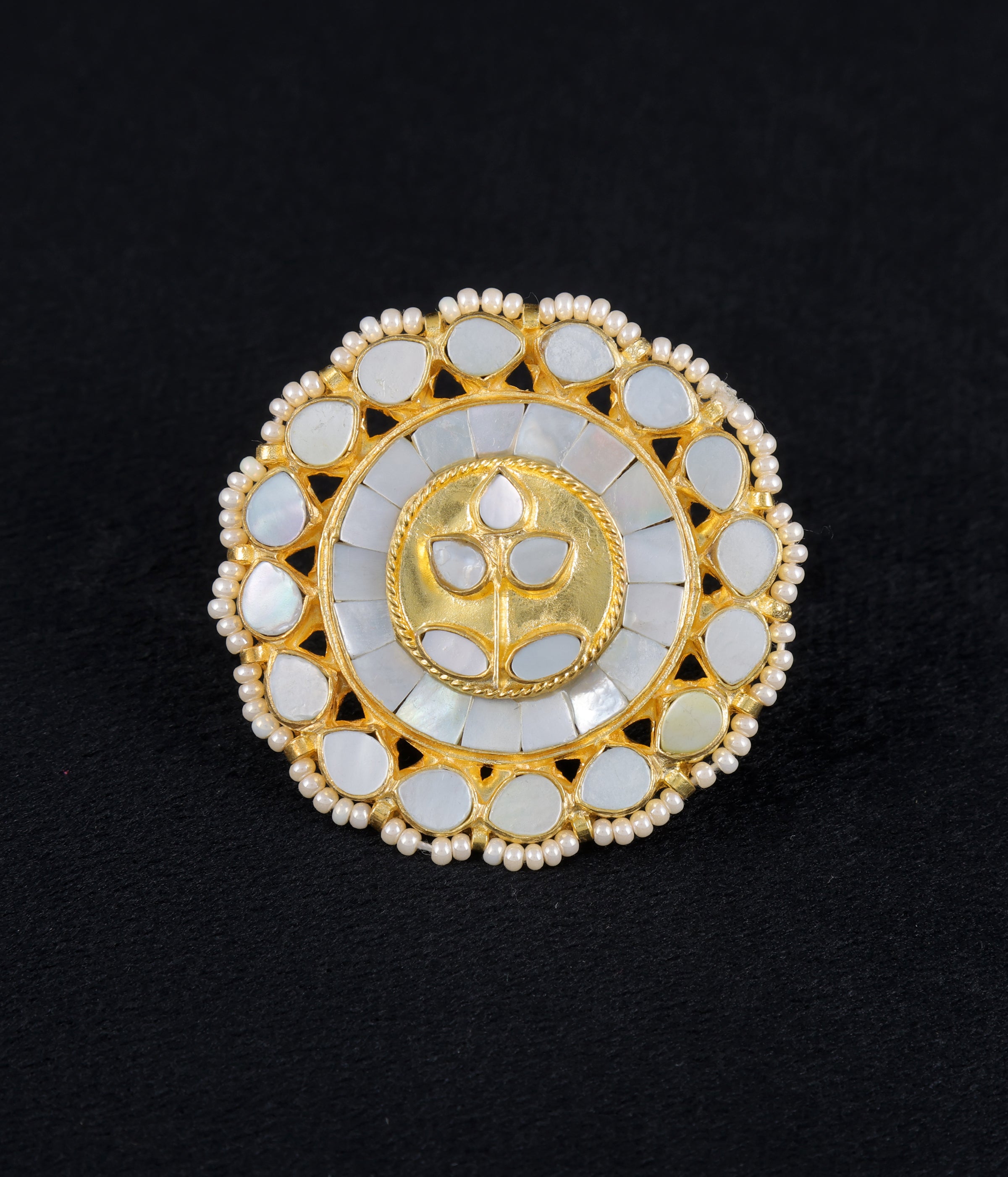 Gold finish kundan mother of pearls ring