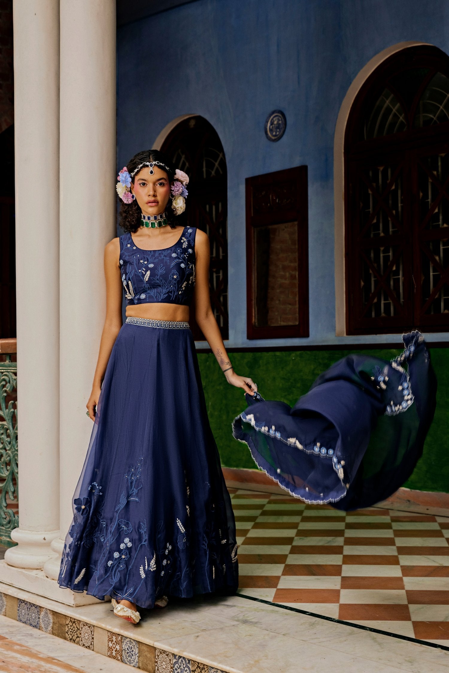 Dark Blue Floral Lehenga Set