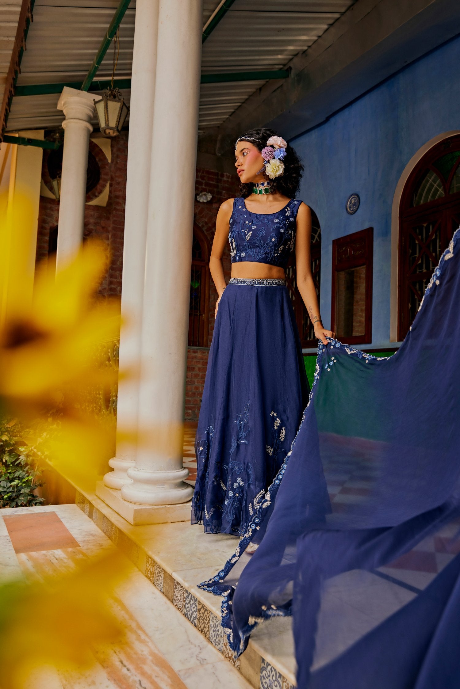 Dark Blue Floral Lehenga Set