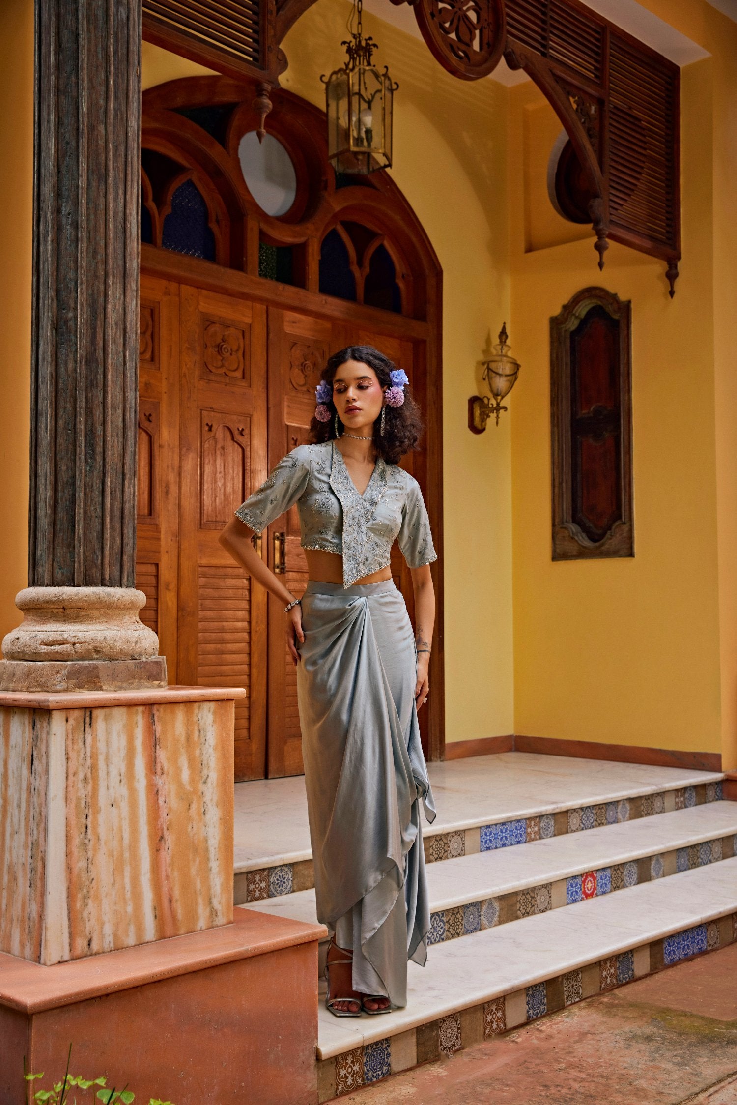 Greyish Blue Satin Drape Skirt Set