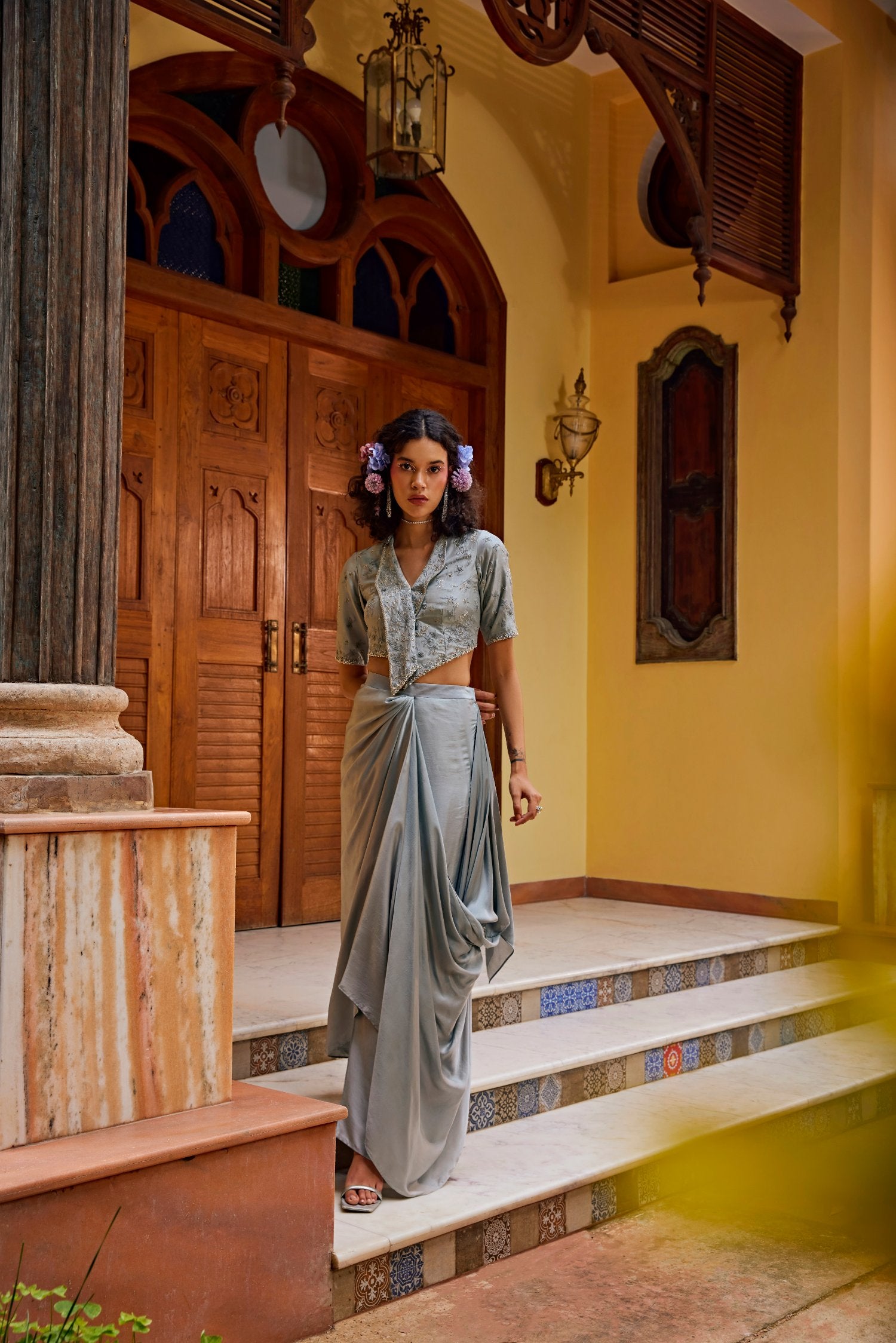 Greyish Blue Satin Drape Skirt Set