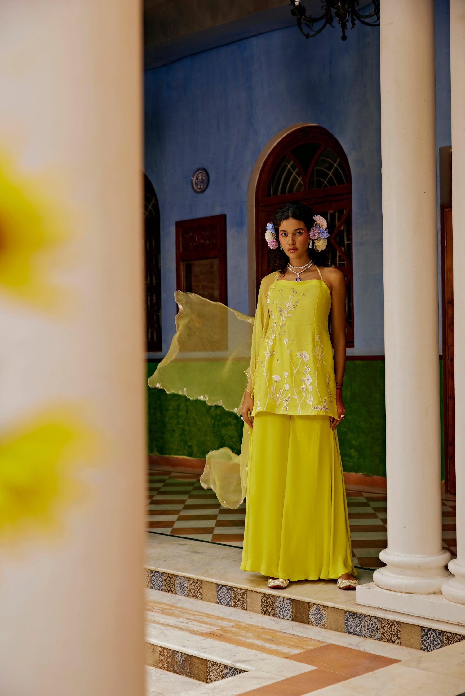 Yellow Chanderi Halter Sharara Set