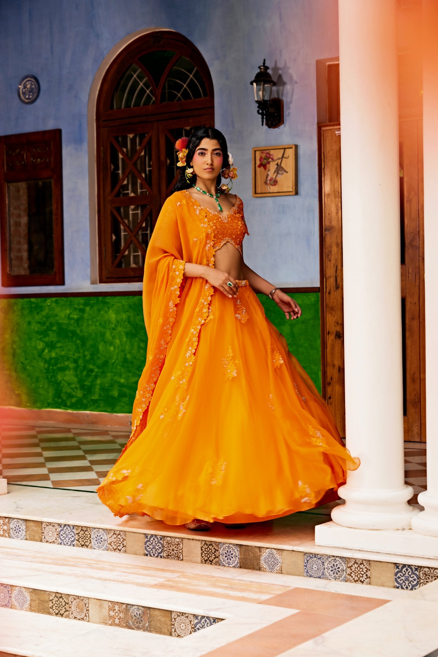 Bright Orange Organza Embellished Lehenga Set