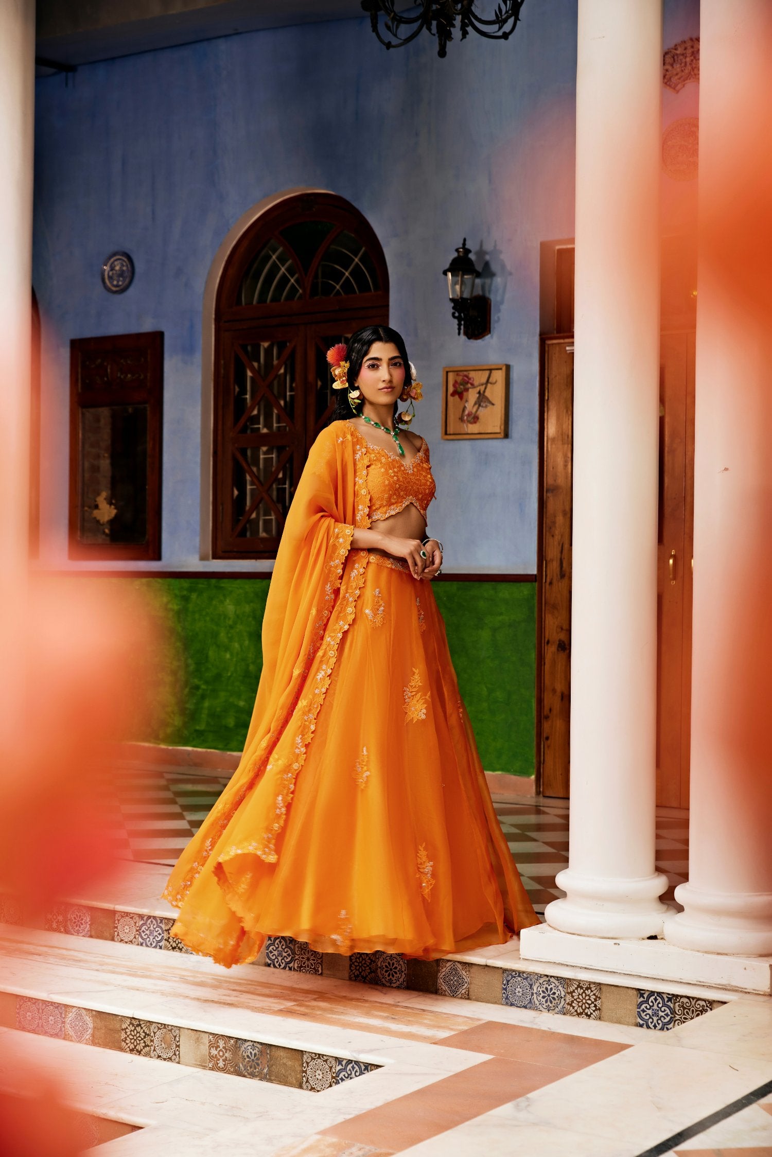 Bright Orange Organza Embellished Lehenga Set