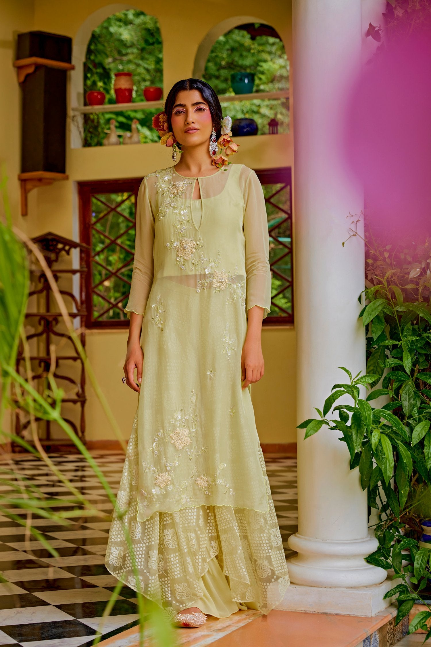 Lime Thread Embroidered Kurta Set