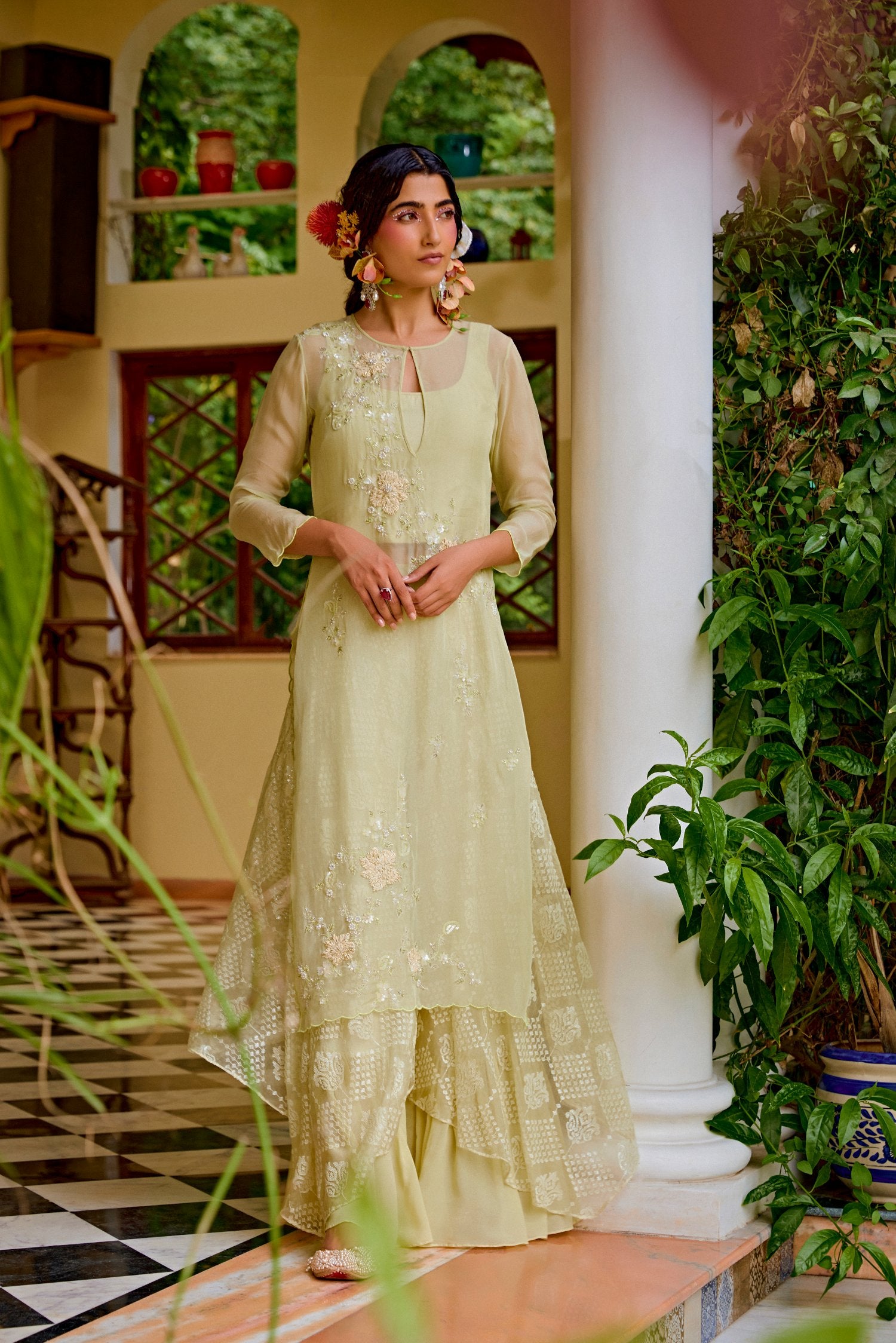 Lime Thread Embroidered Kurta Set