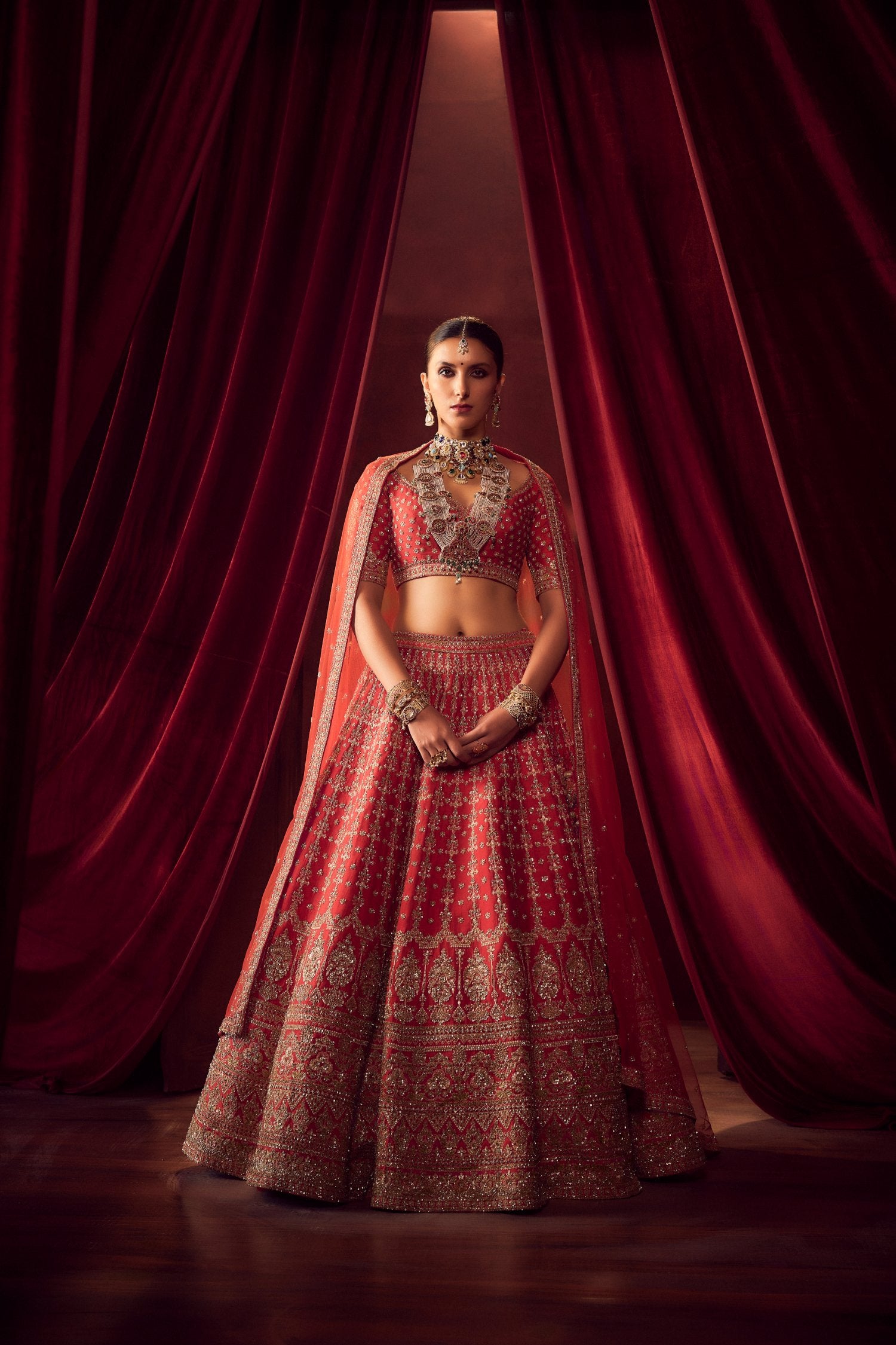 Red Raw Silk Hand & Machine Embroidered Lehenga Set