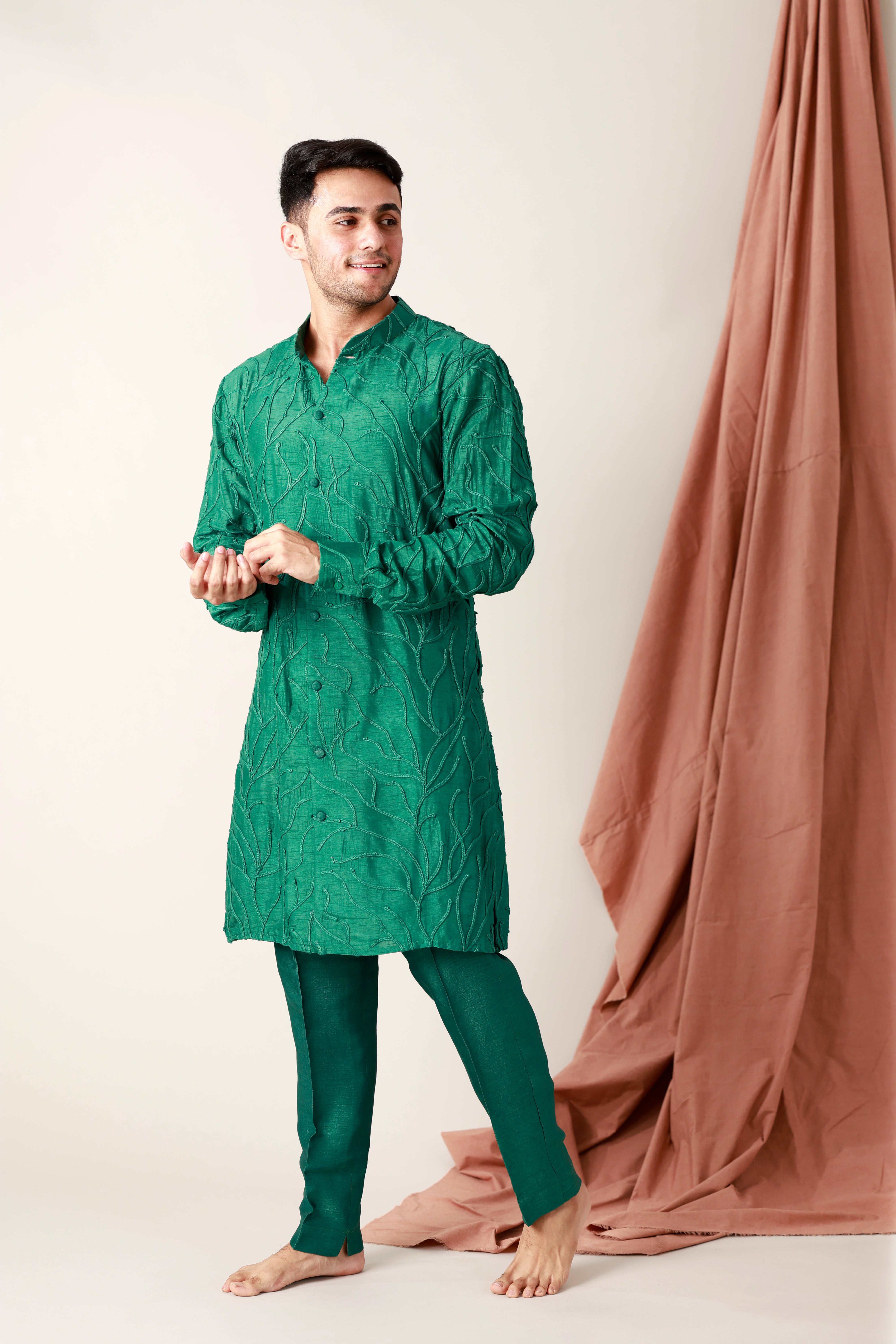 Falling Raw Silk Embroidered Cuffed Kurta With Pants