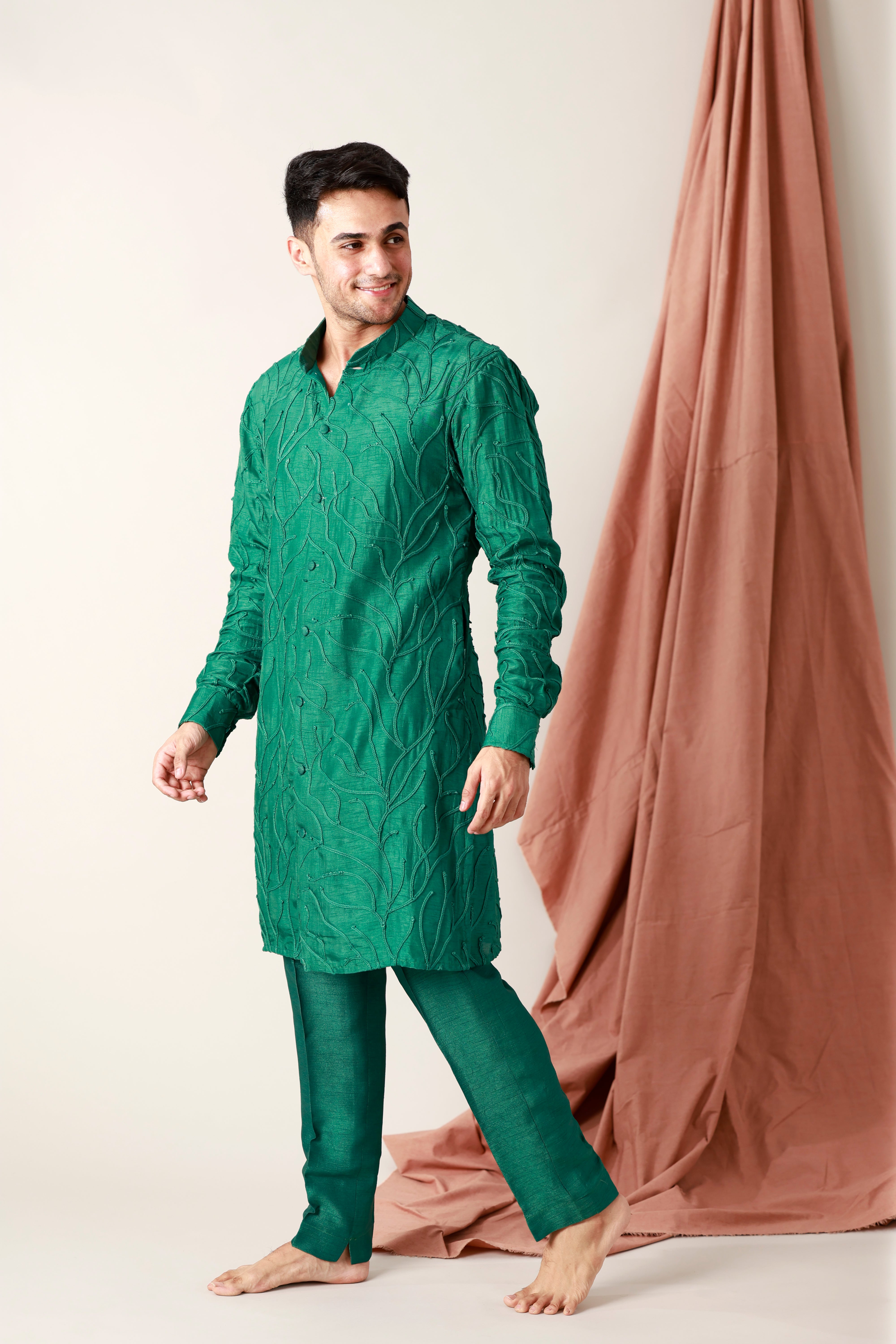 Falling Raw Silk Embroidered Cuffed Kurta With Pants