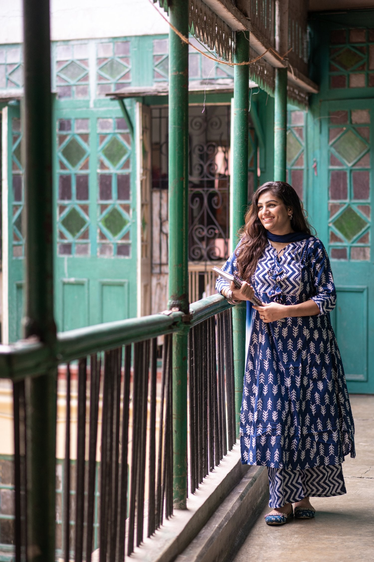 Celestial Blue Cotton Printed Kurta set with Embroidery