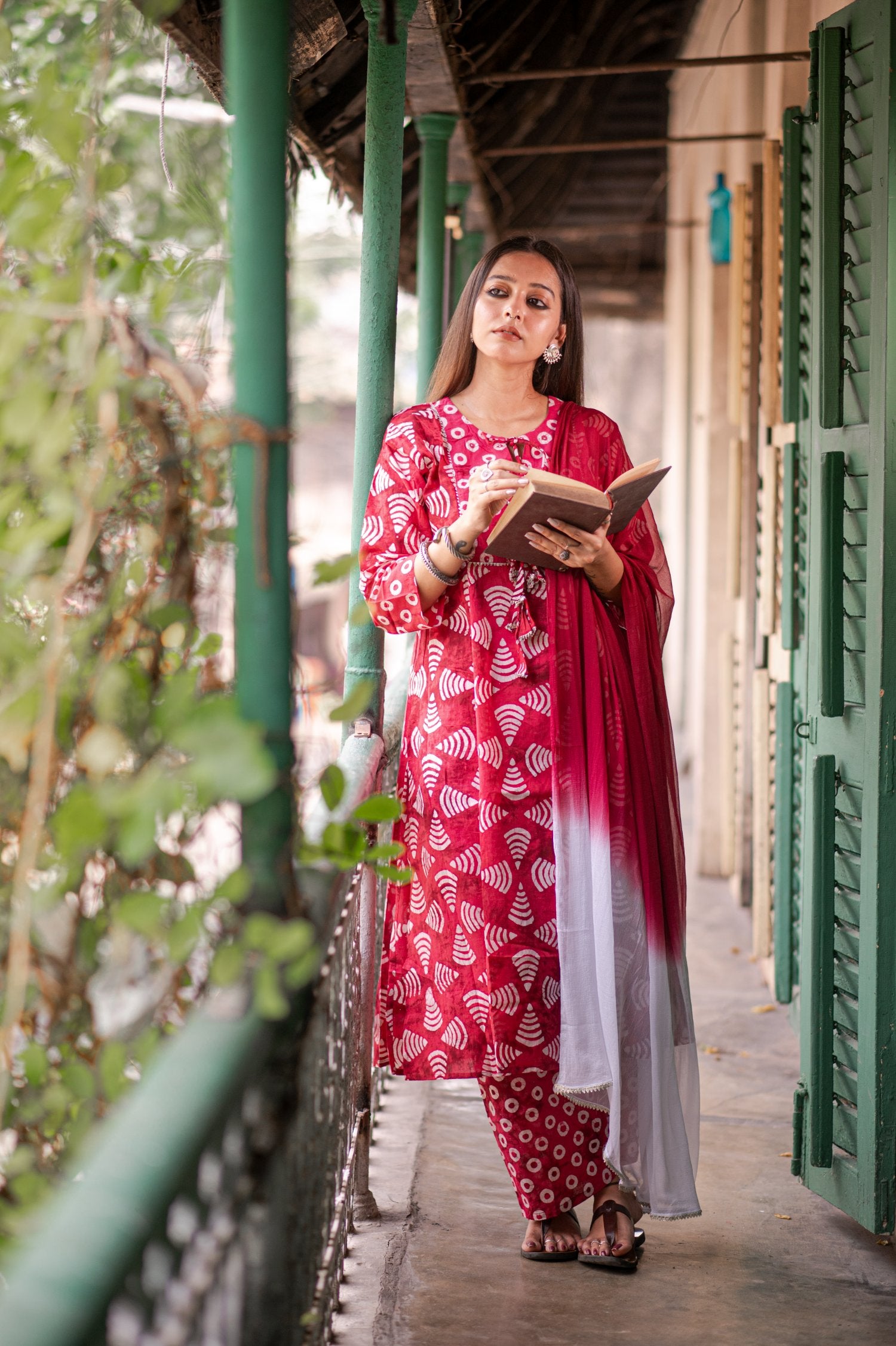 Radiant Red Cotton Printed Kurta set with Embroidery