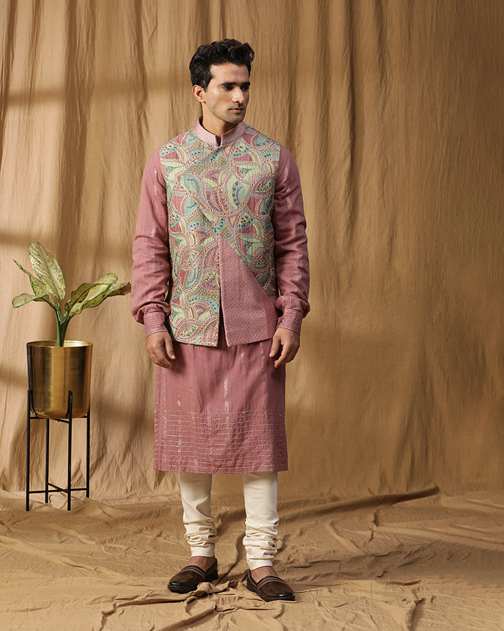 Geometric Asymmetrical Silk Jacket With Rose Kurta