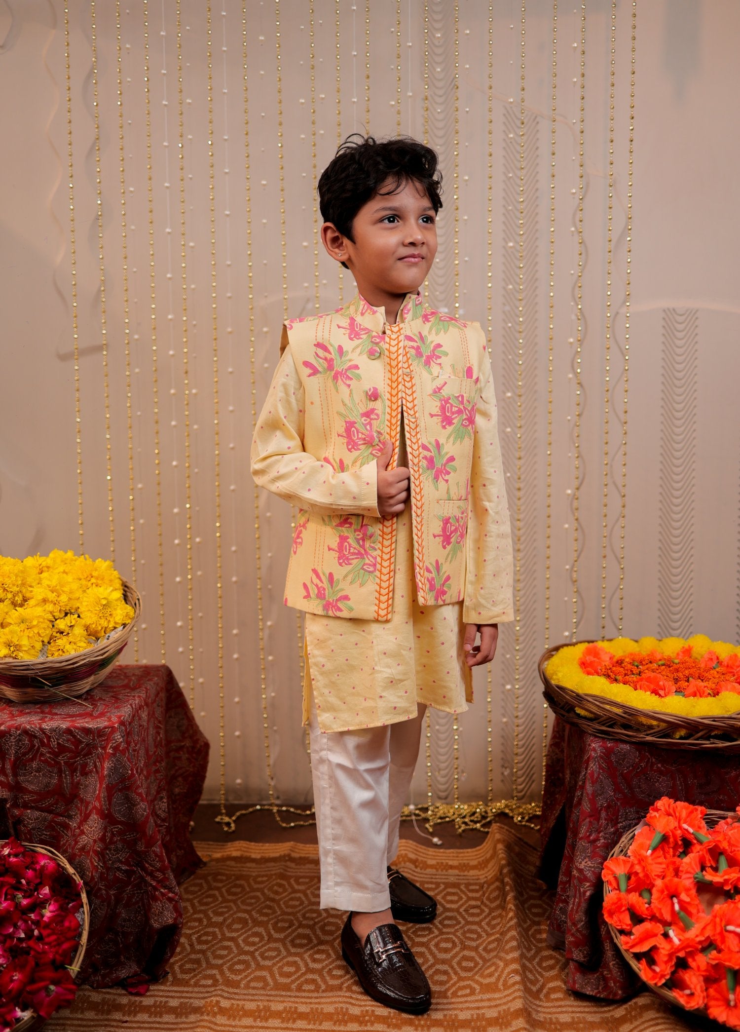 Yellow Block Printed Kurta Set With Jacket