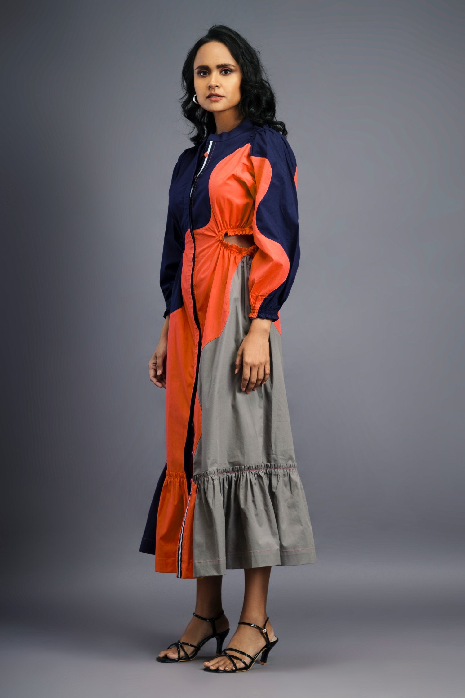 Navy Blue Orange Maxi Shirt Dress