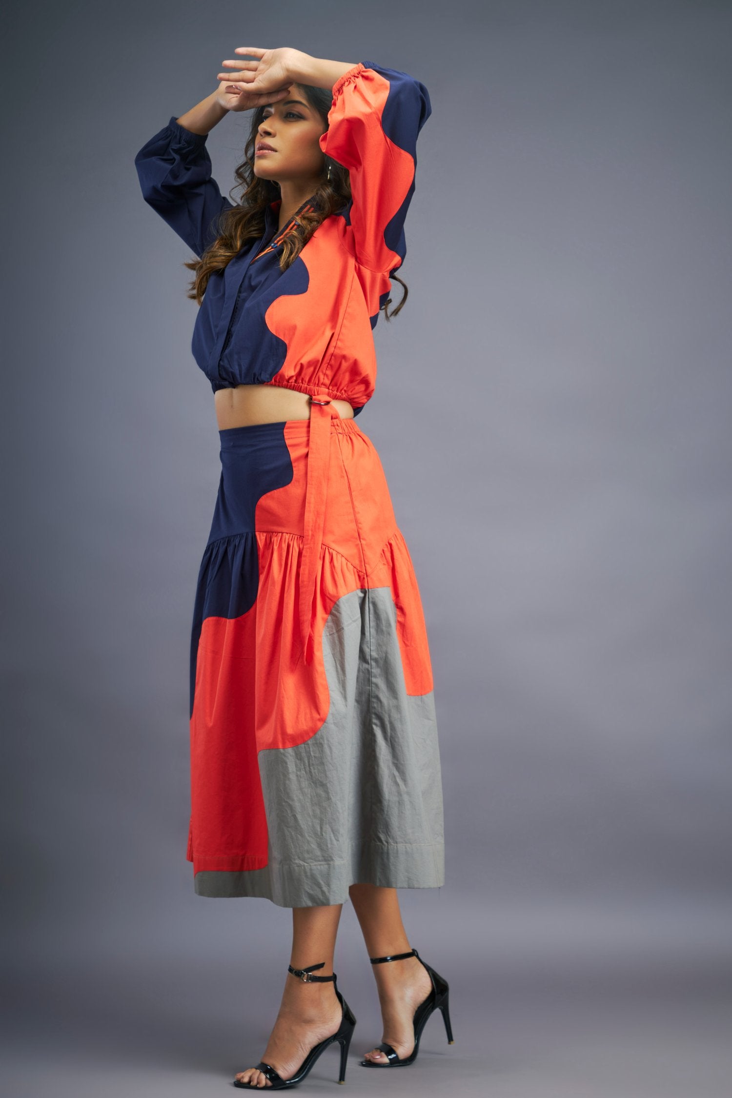 Navy Blue Orange Shirt & Skirt Co-Ord Set