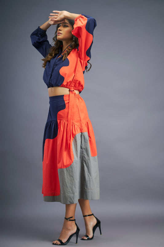 Navy Blue Orange Shirt & Skirt Co-Ord Set