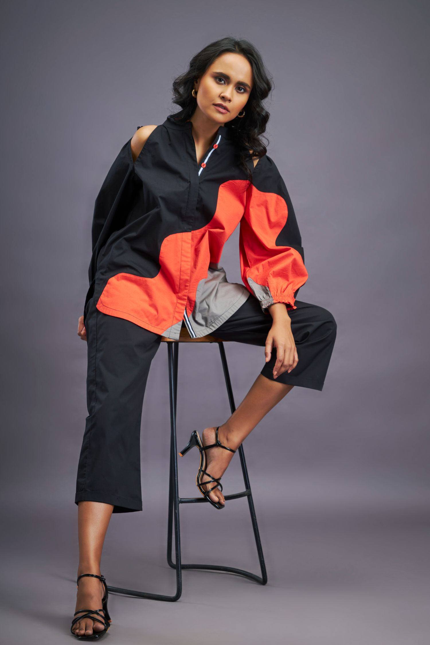 Black Orange Cold Shoulder Shirt