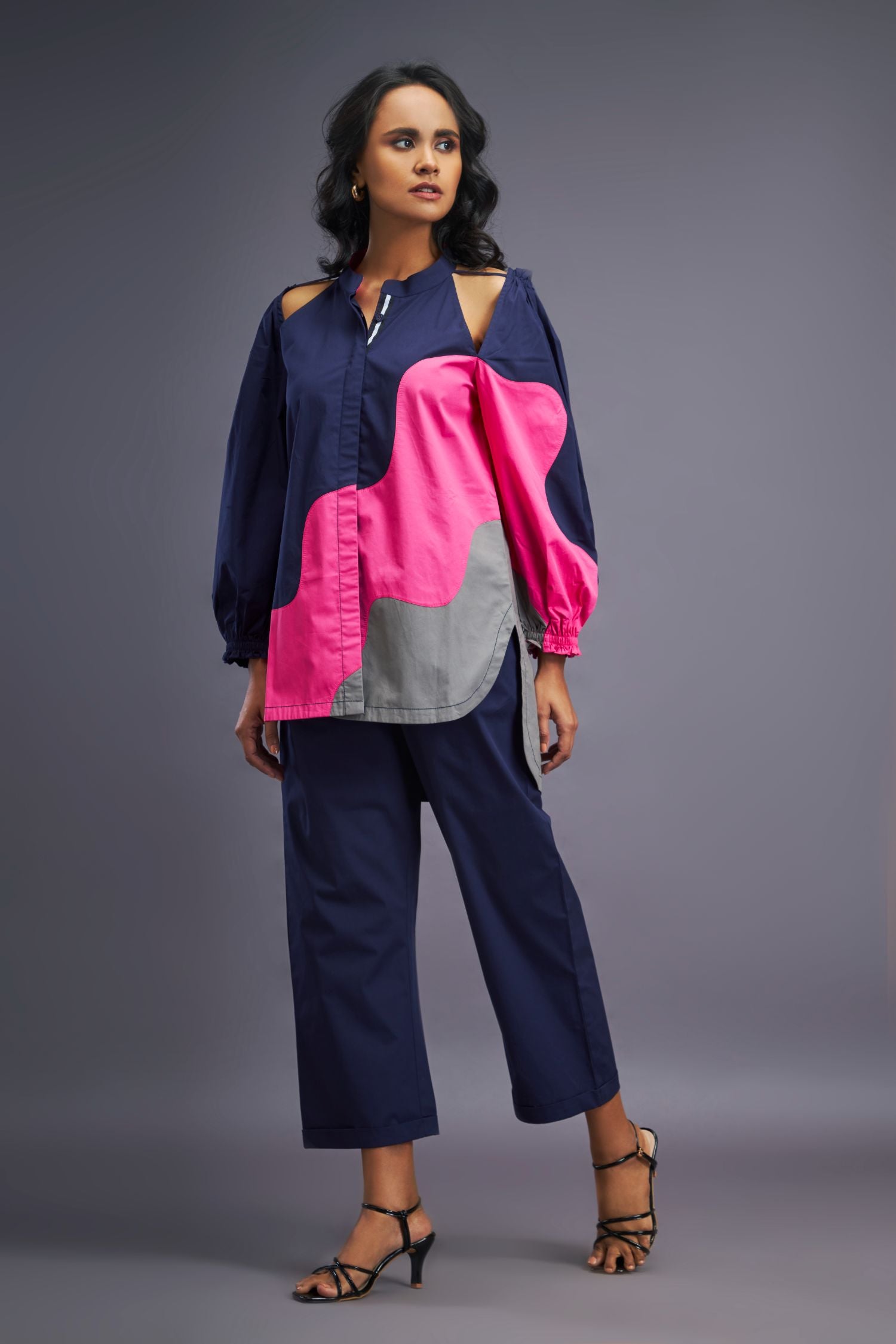 Navy Blue Pink Cold Shoulder Shirt