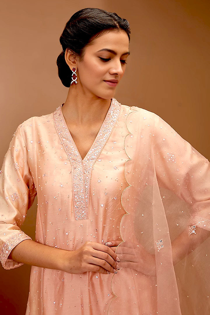 Peach Color Embroidered Kali Kurta Set