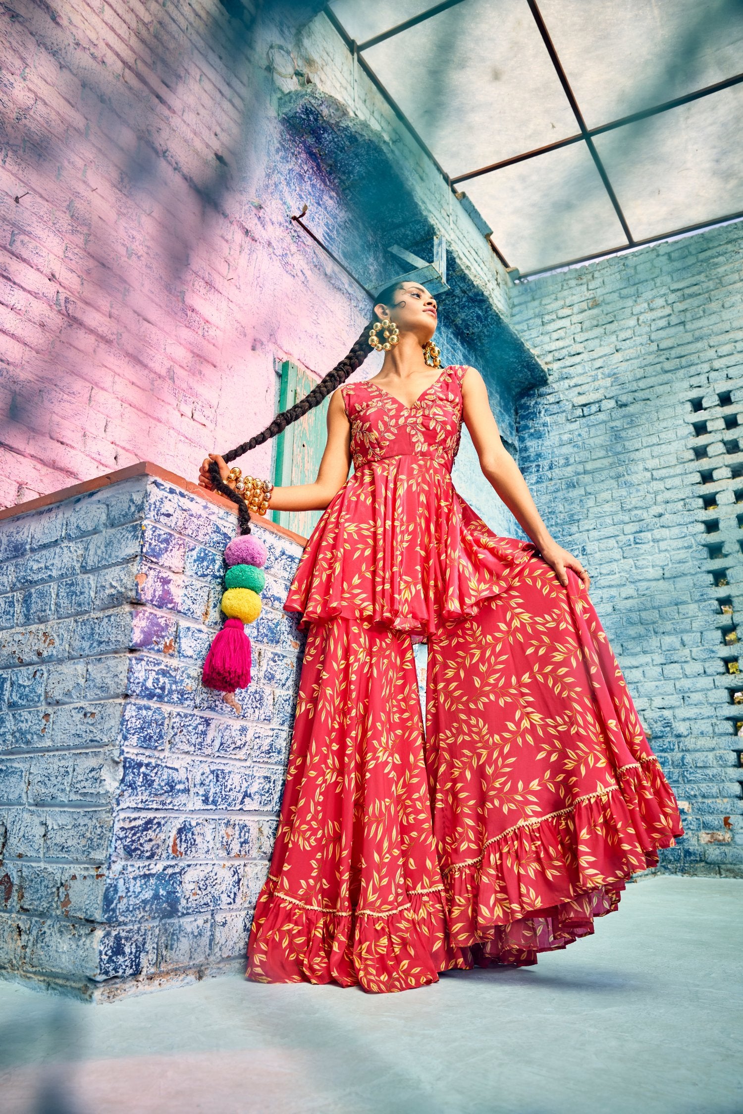 Rasberry pink digital printed flared gharara and hand embroidered tunic paired up with braided belt.