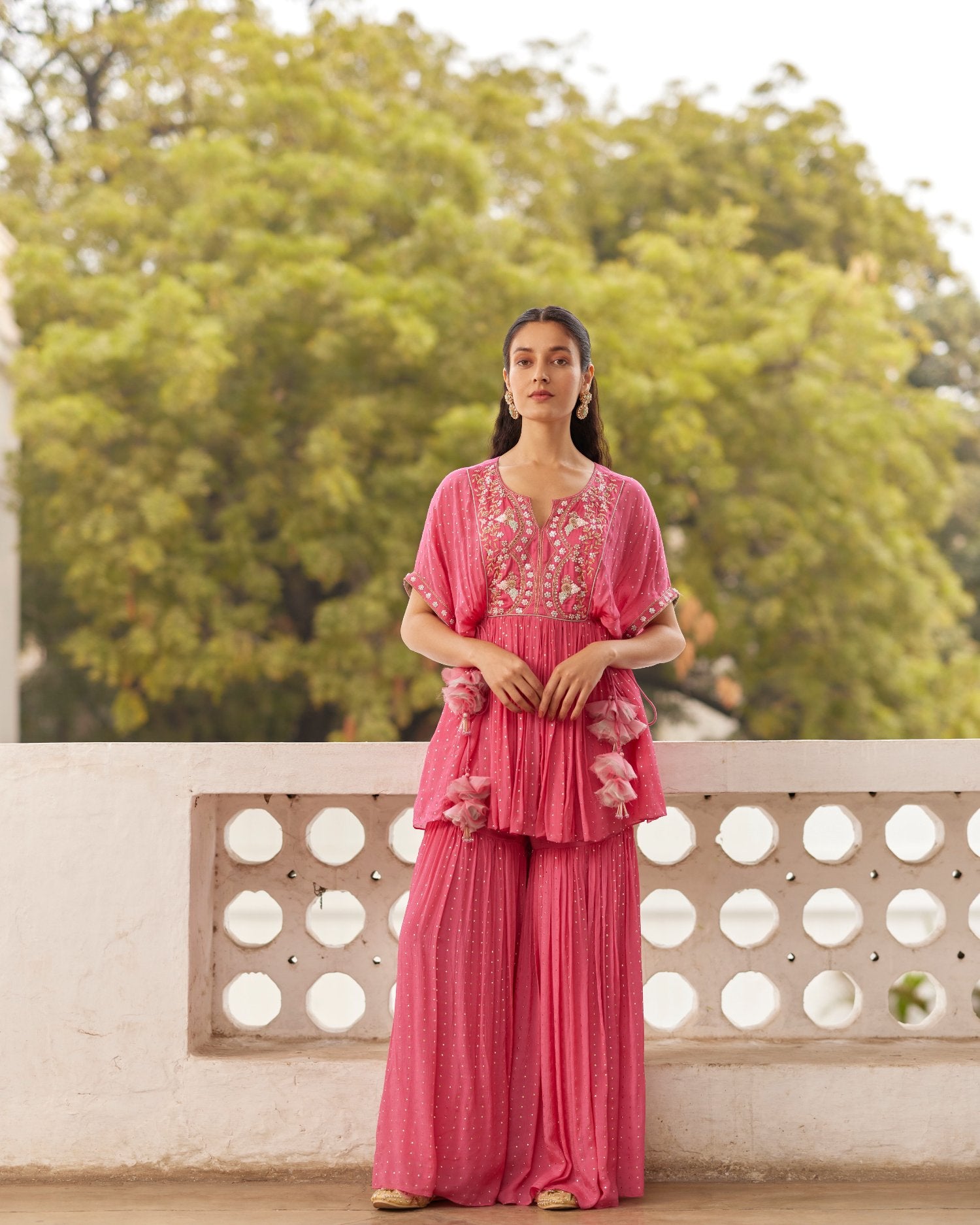 Hot Pink Short Kaftaan With Gharara