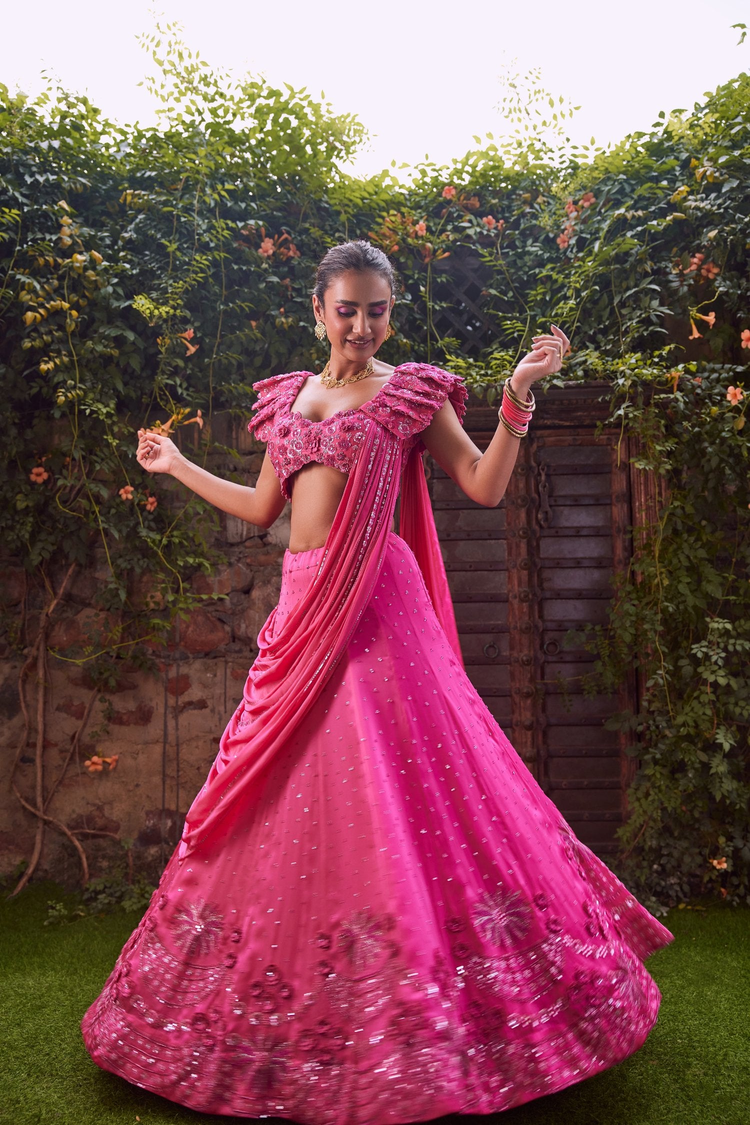 Hot Pink Lehenga With Batwing Sleeves