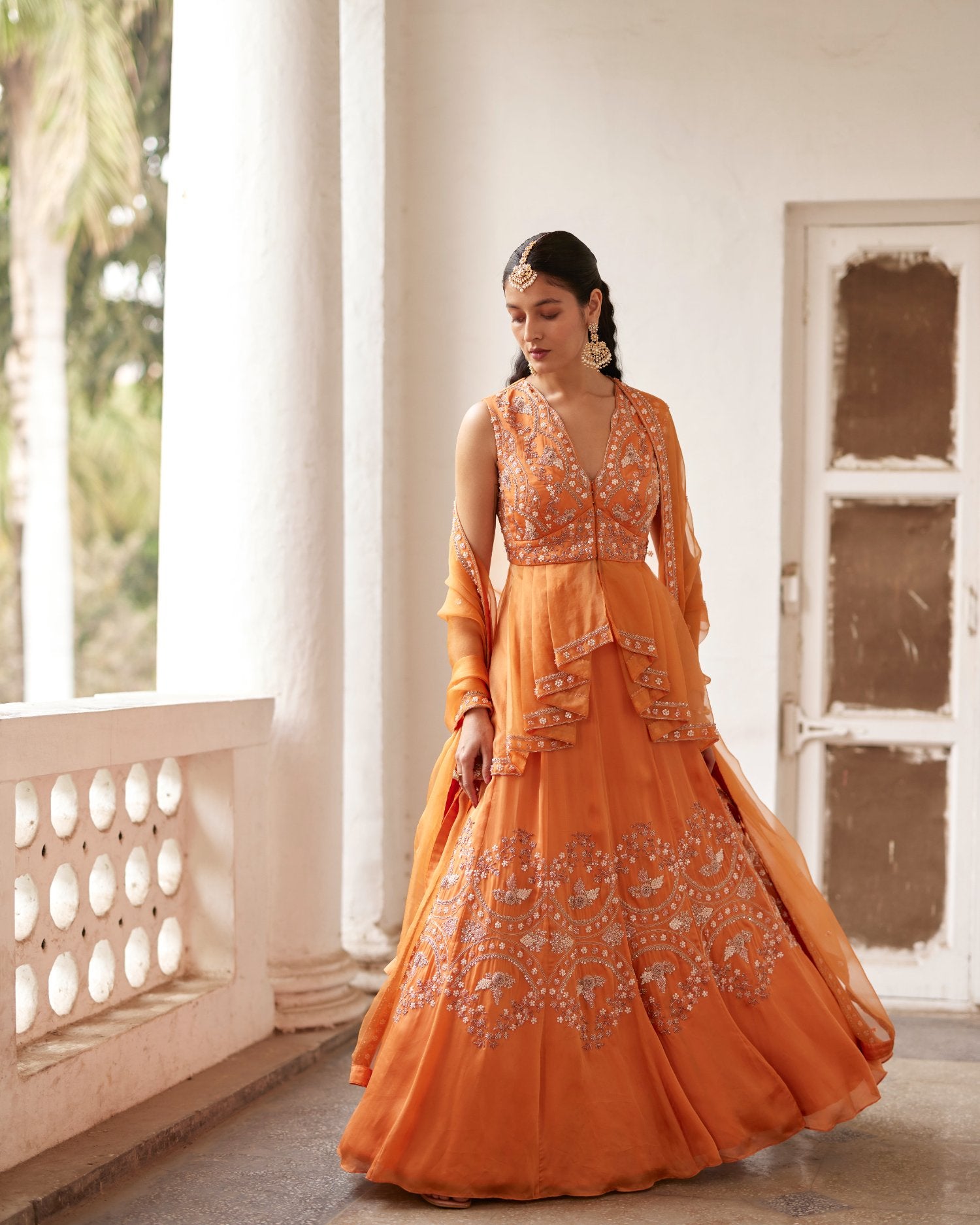 Burnt Orange Peplum With Embroidered Lehenga