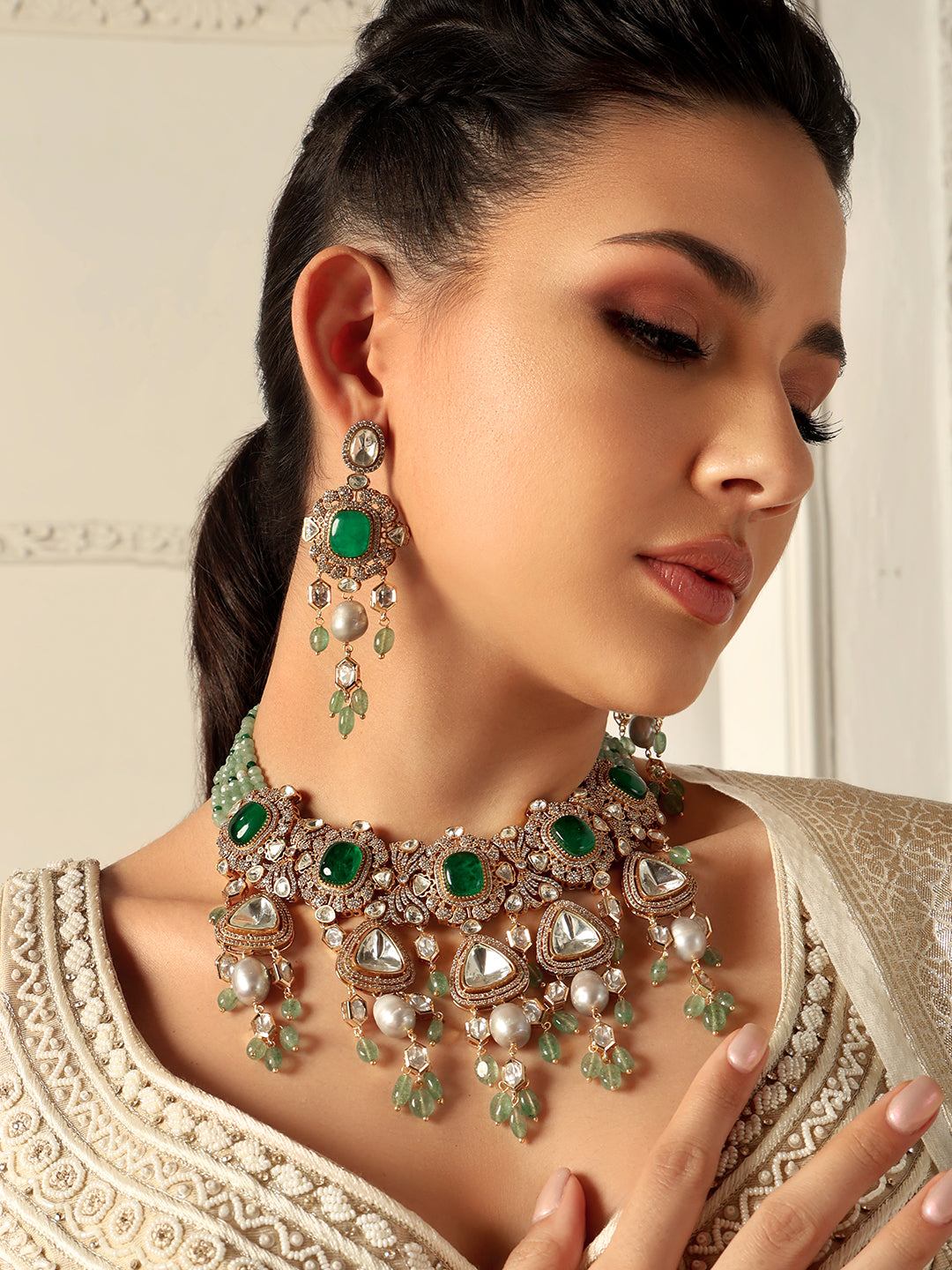 Green Polki Bridal Necklace Set