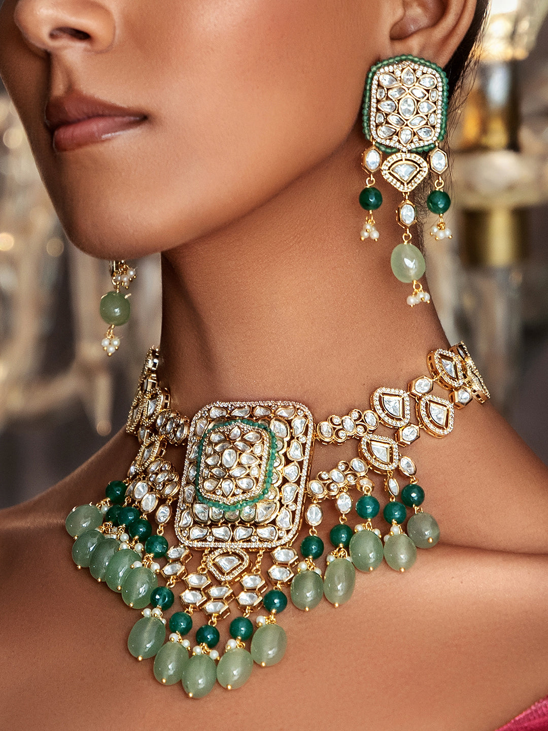 Polki & Green Jade Tumbles Bridal Necklace Set