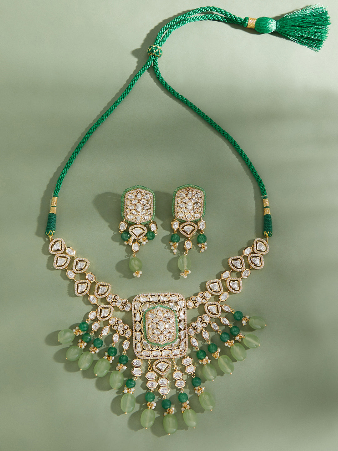 Polki & Green Jade Tumbles Bridal Necklace Set