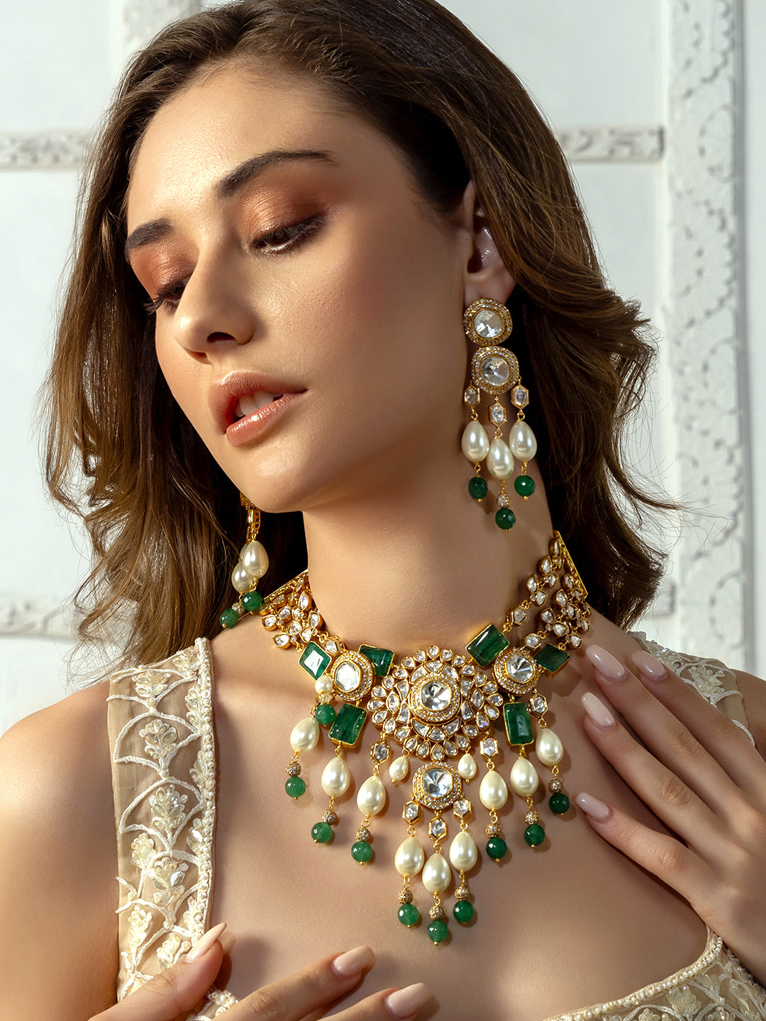 Bridal Necklace Set With Green Jades & Pearls