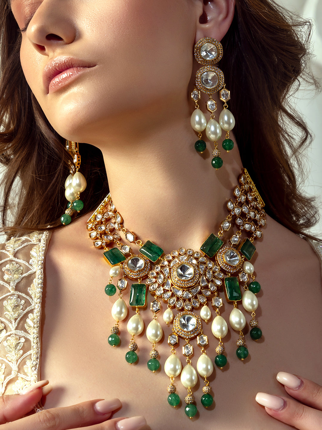 Bridal Necklace Set With Green Jades & Pearls