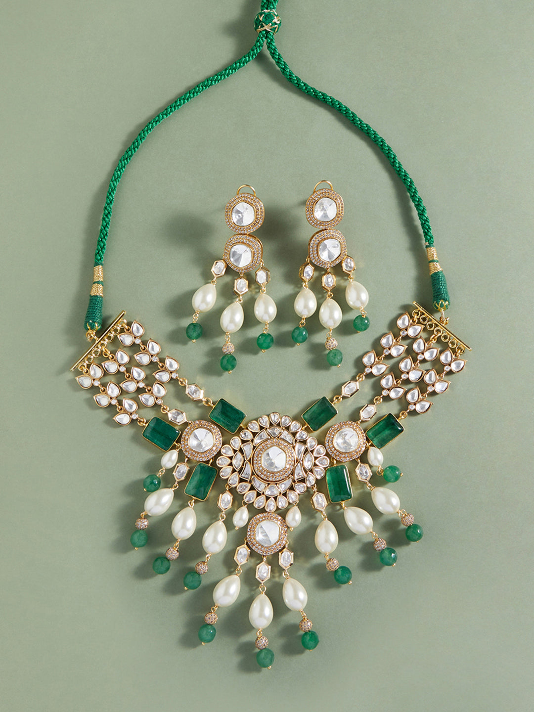 Bridal Necklace Set With Green Jades & Pearls