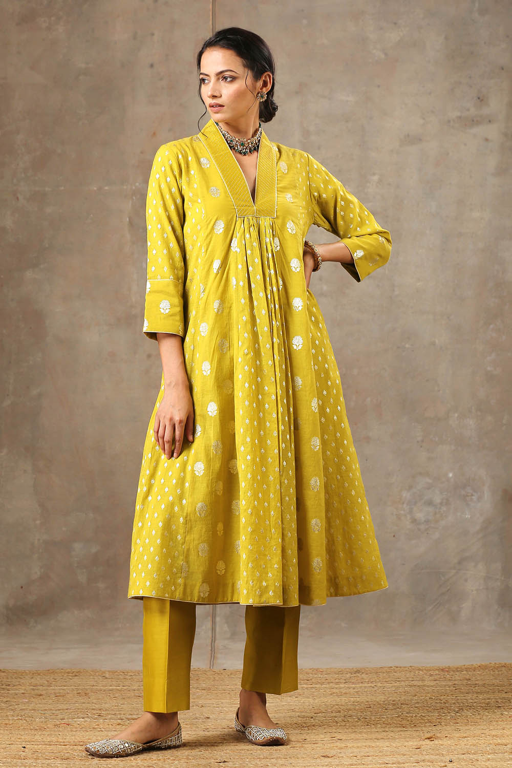 Yellow Chanderi Silk Kurta Set in 5 Kalis