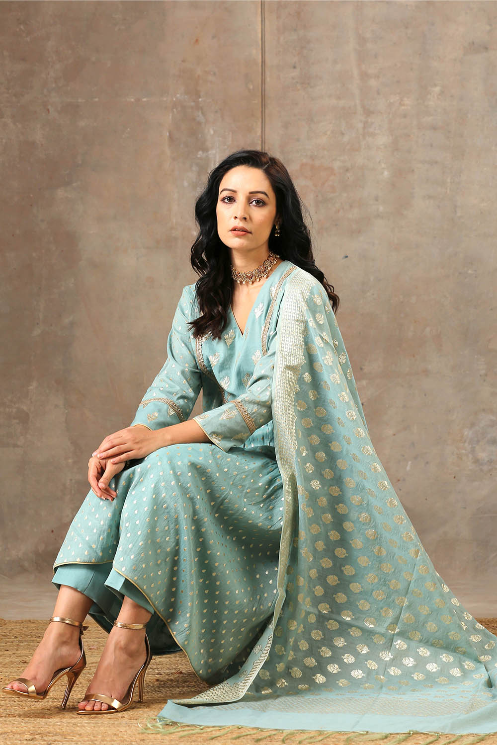 Blue Banarsi Chanderi Silk Yoke Kurta Set