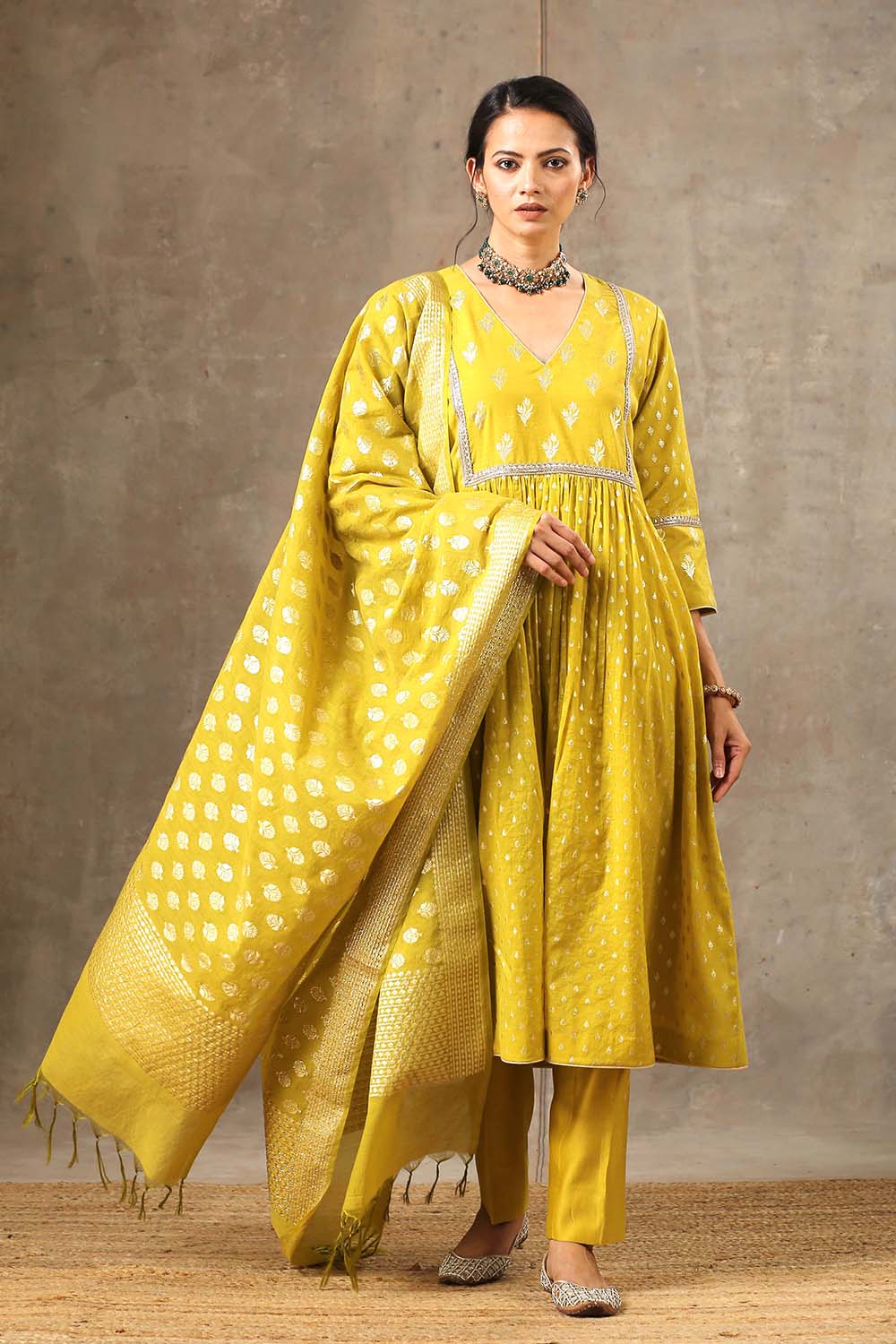 Yellow Chanderi Silk Yoke Kurta Set