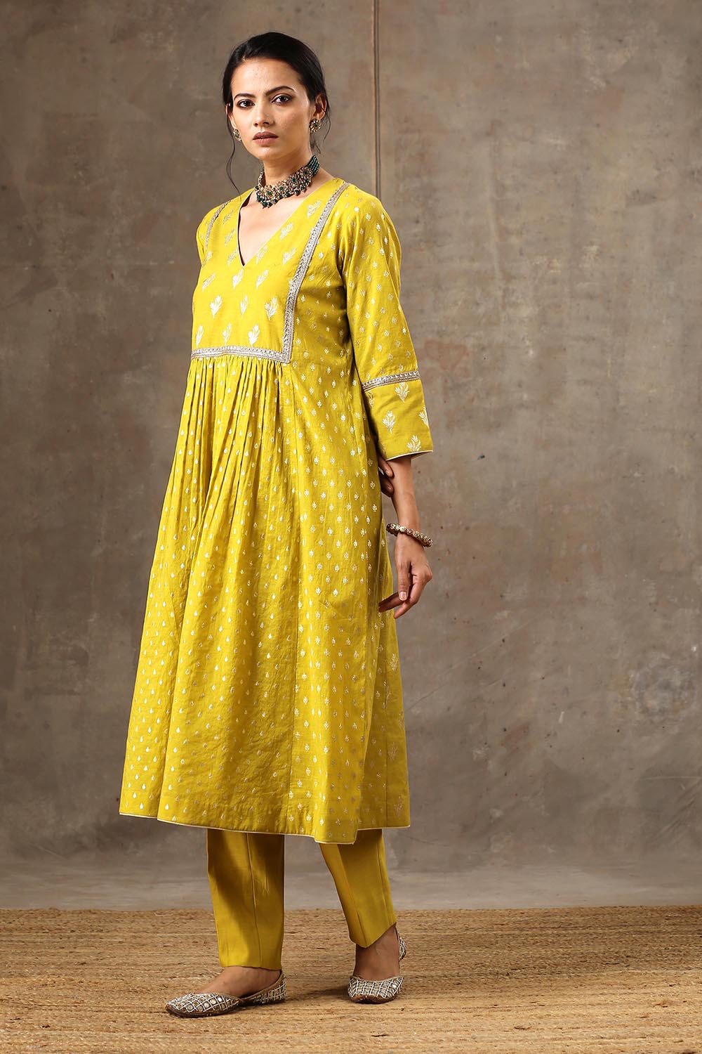 Yellow Chanderi Silk Yoke Kurta Set