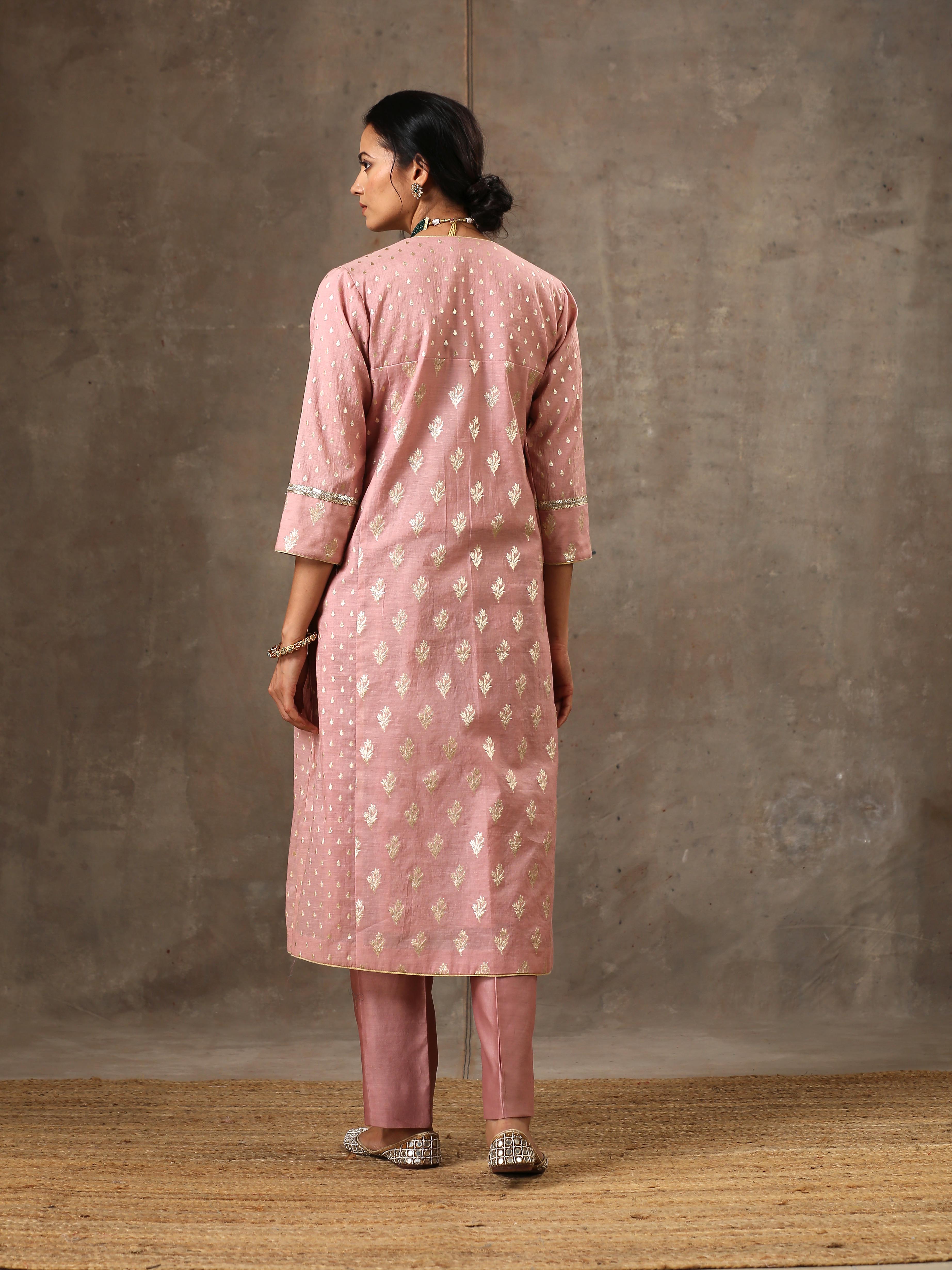 Pink Banarsi Chanderi Silk Yoke Kurta Set