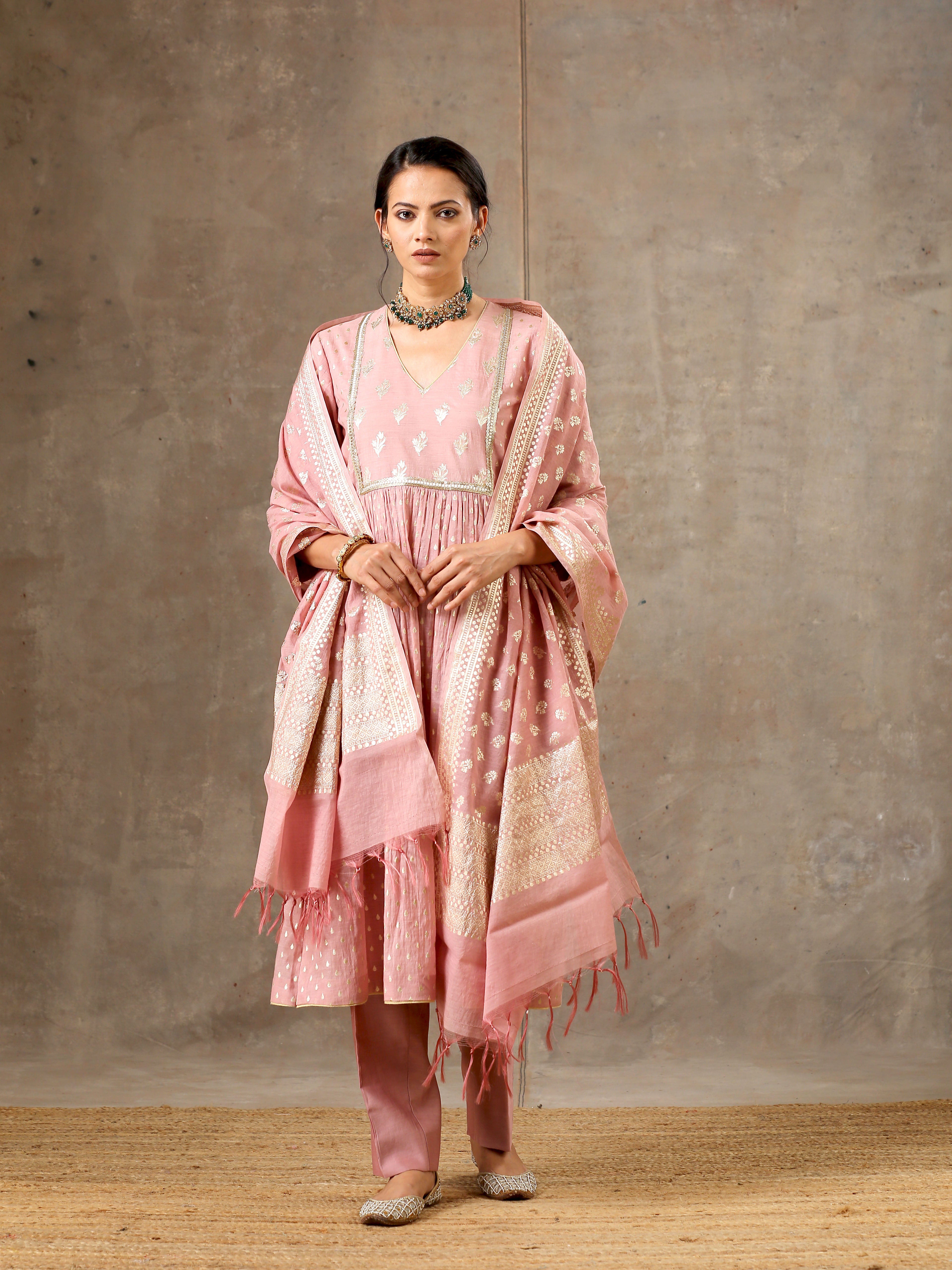 Pink Banarsi Chanderi Silk Yoke Kurta Set