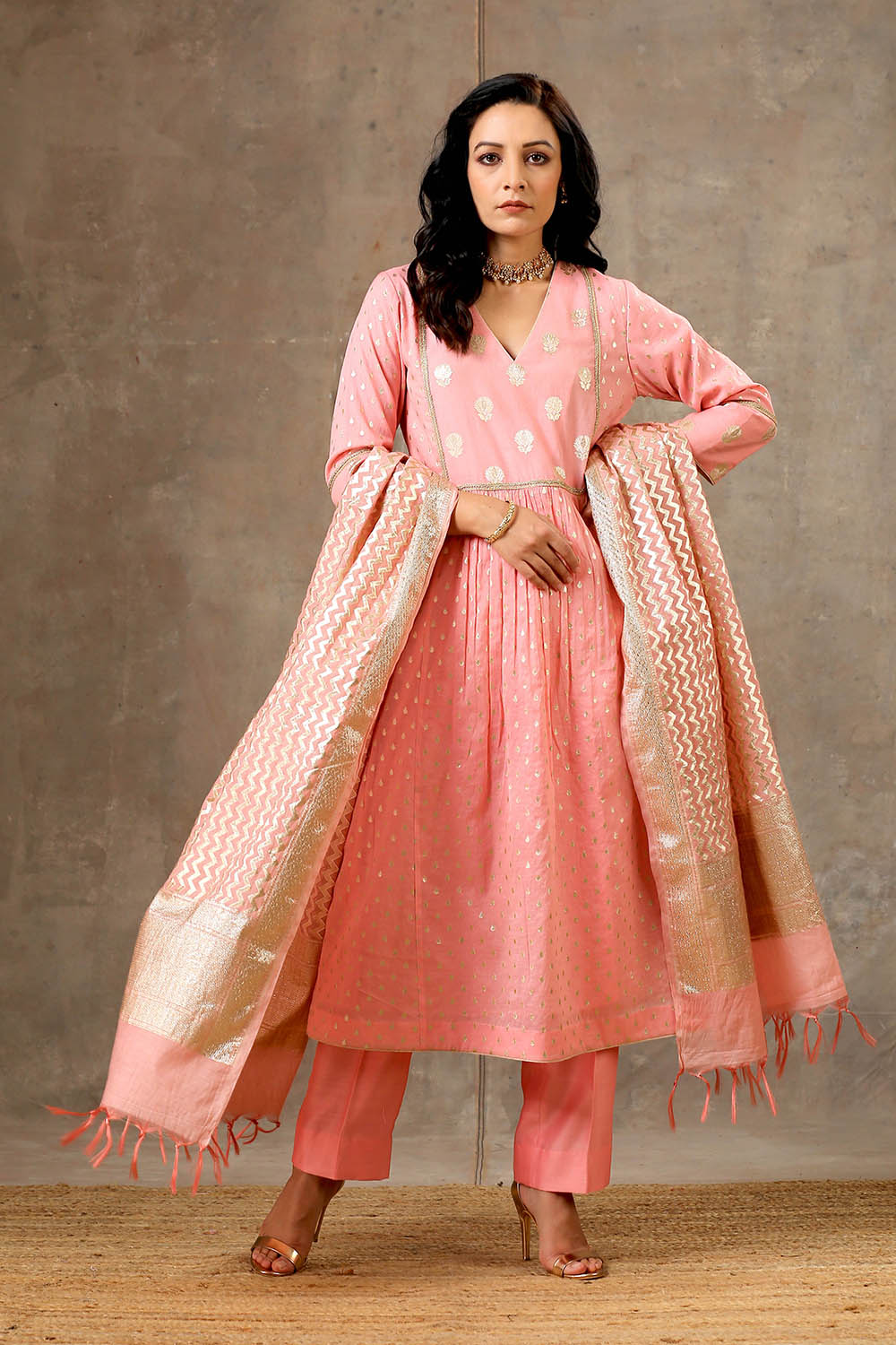 Peach Banarsi Chanderi Silk Yoke Kurta Set