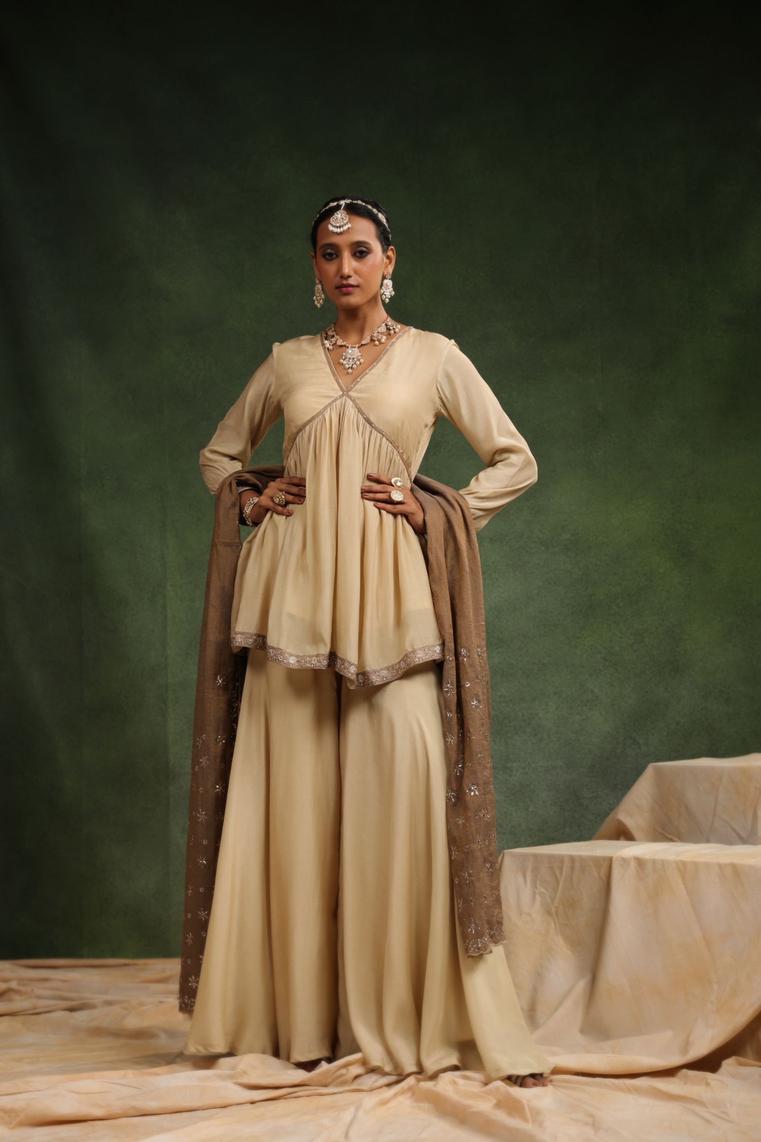 Over The Taupe Sharara Set