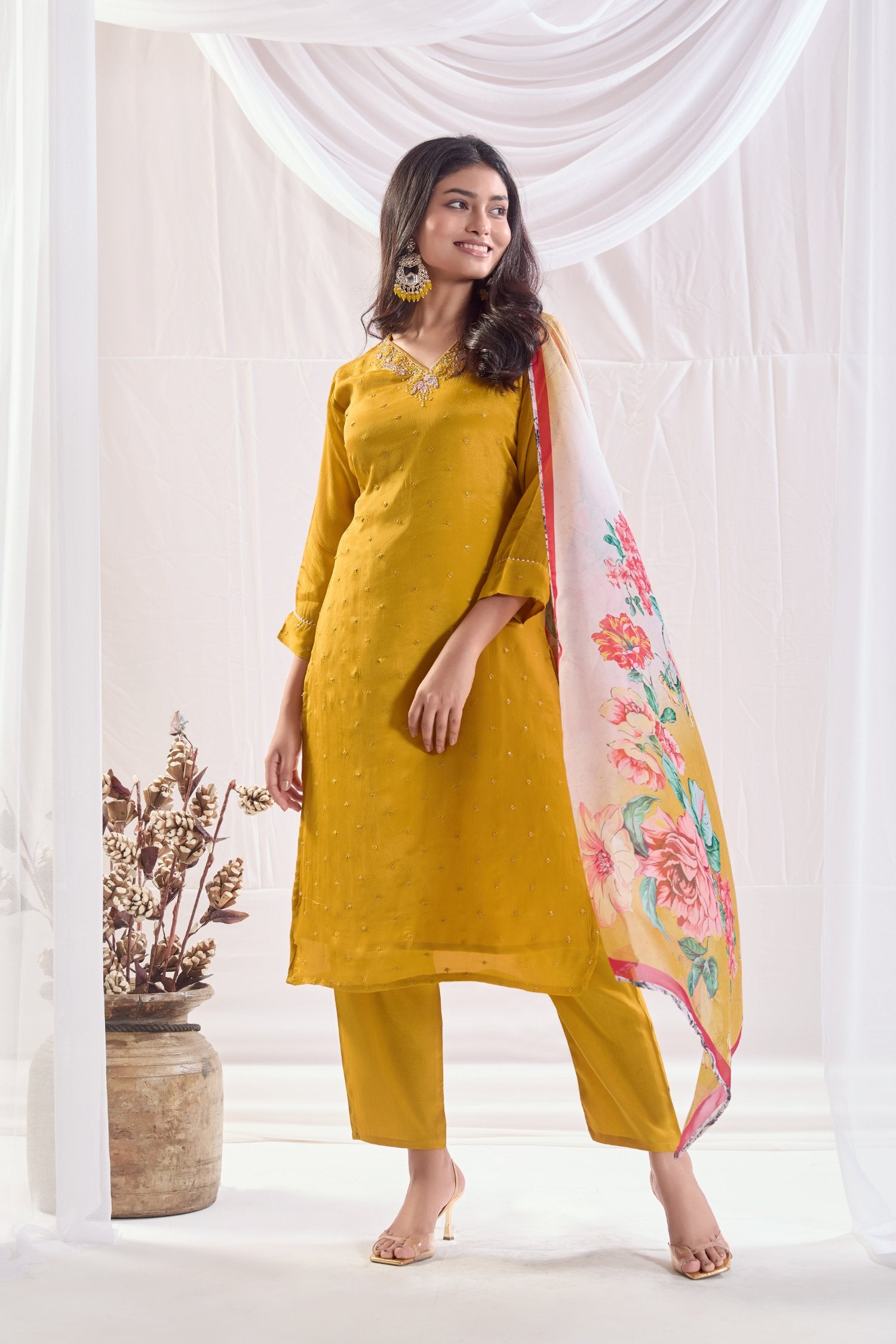 Bright Yellow Chinnon Printed Kurta set with Embroidery