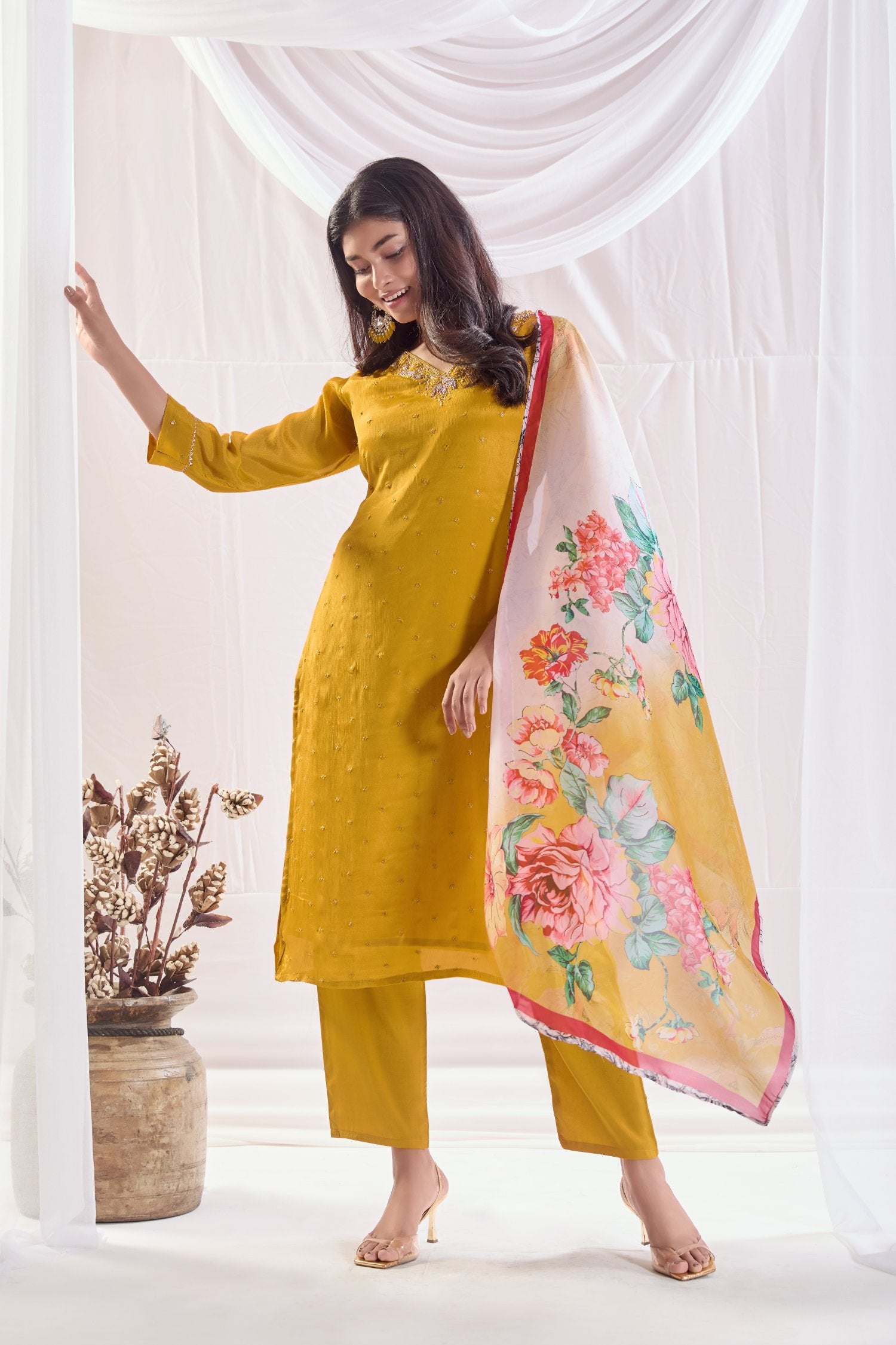 Bright Yellow Chinnon Printed Kurta set with Embroidery