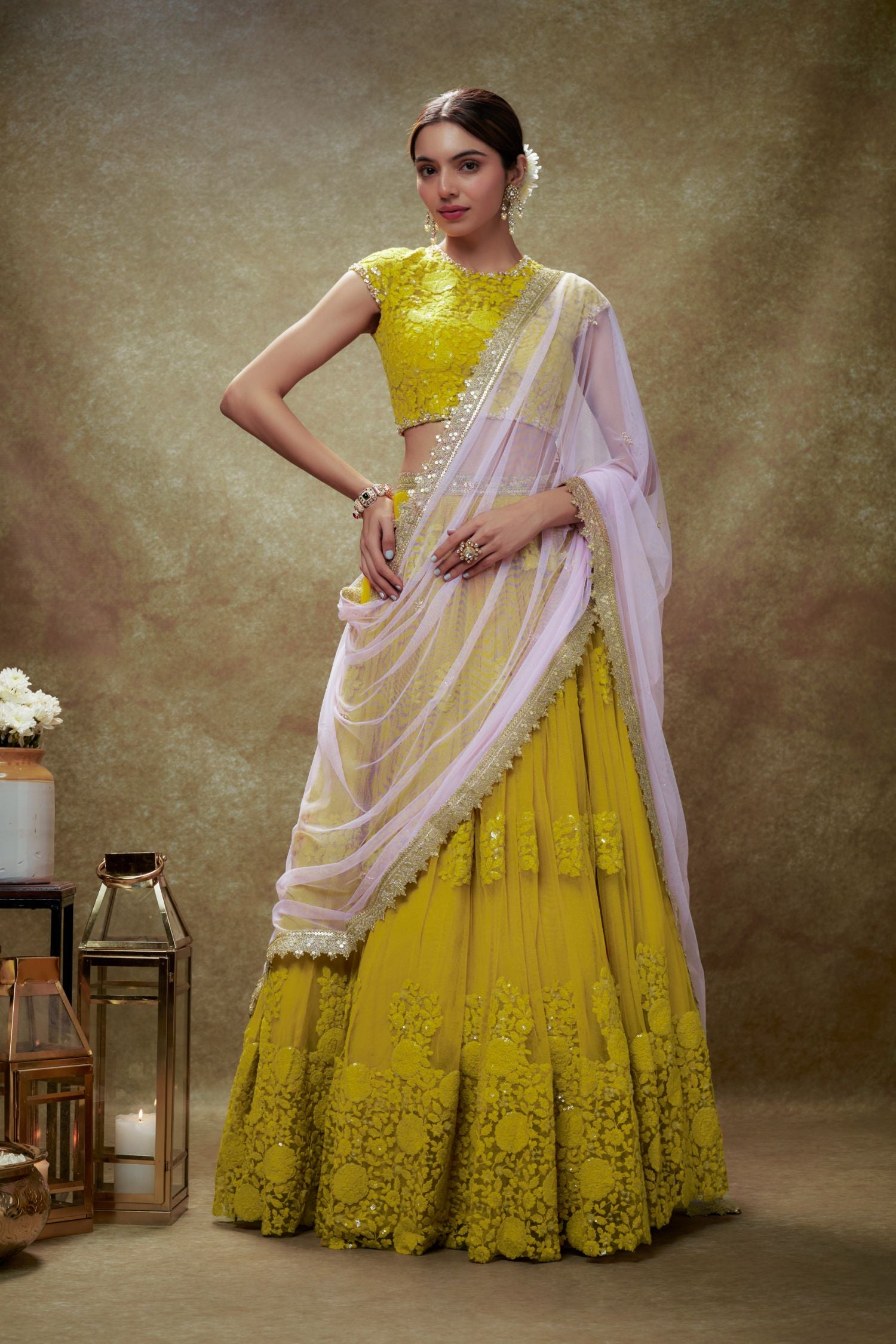 Daffodil Haldi Floral Threadwork Lehenga Set